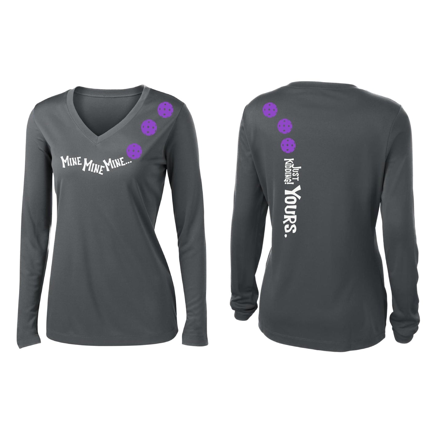 Mine JK Yours (Pickleballs Pink Purple Rainbow) | Women’s Long Sleeve V-Neck Pickleball Performance T-Shirt | 100% Polyester