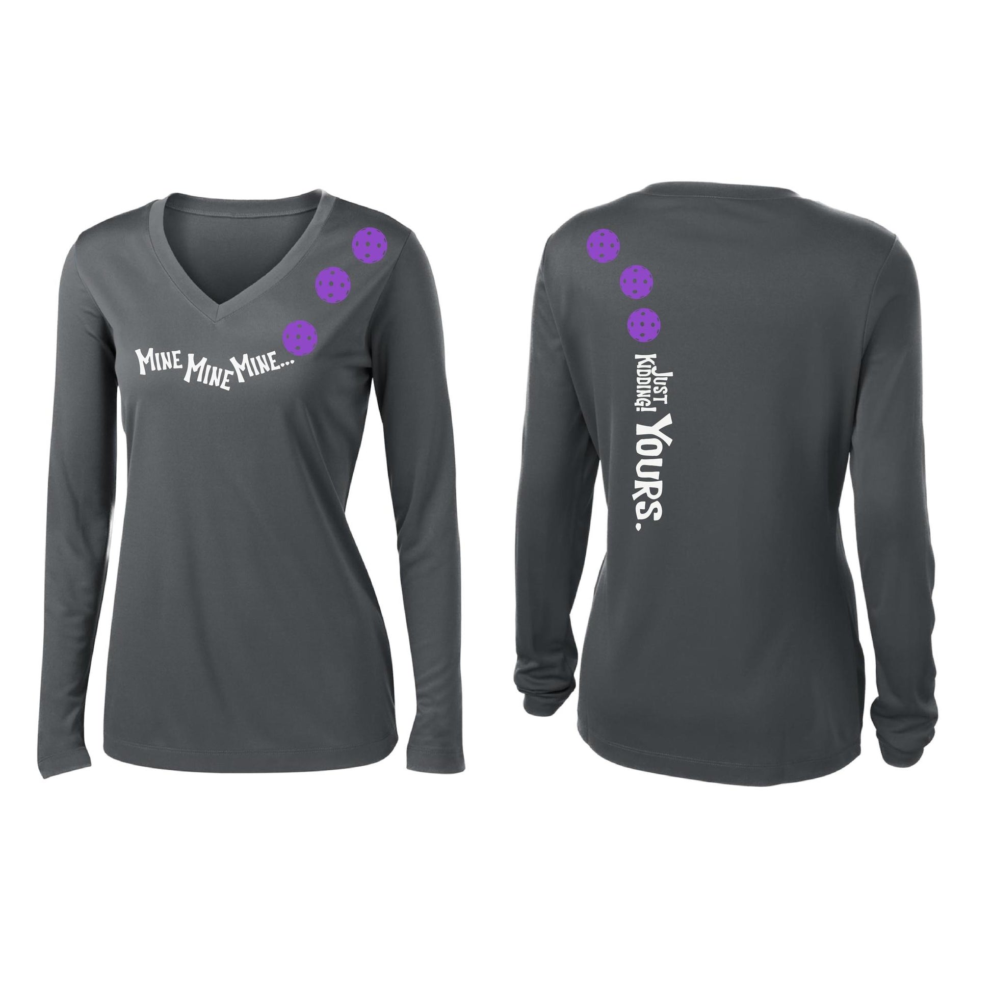 Mine JK Yours (Pickleballs Pink Purple Rainbow) | Women’s Long Sleeve V-Neck Pickleball Performance T-Shirt | 100% Polyester
