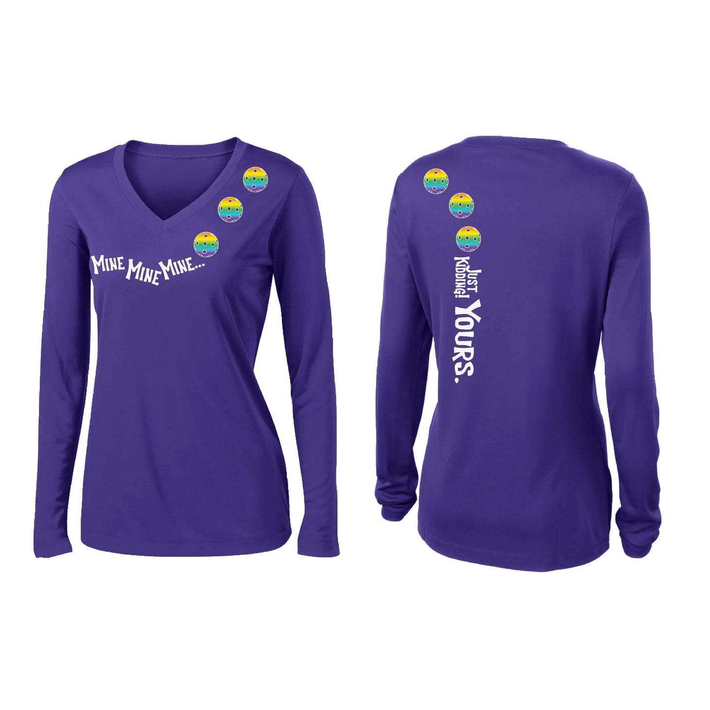 Mine JK Yours (Pickleballs Pink Purple Rainbow) | Women’s Long Sleeve V-Neck Pickleball Performance T-Shirt | 100% Polyester