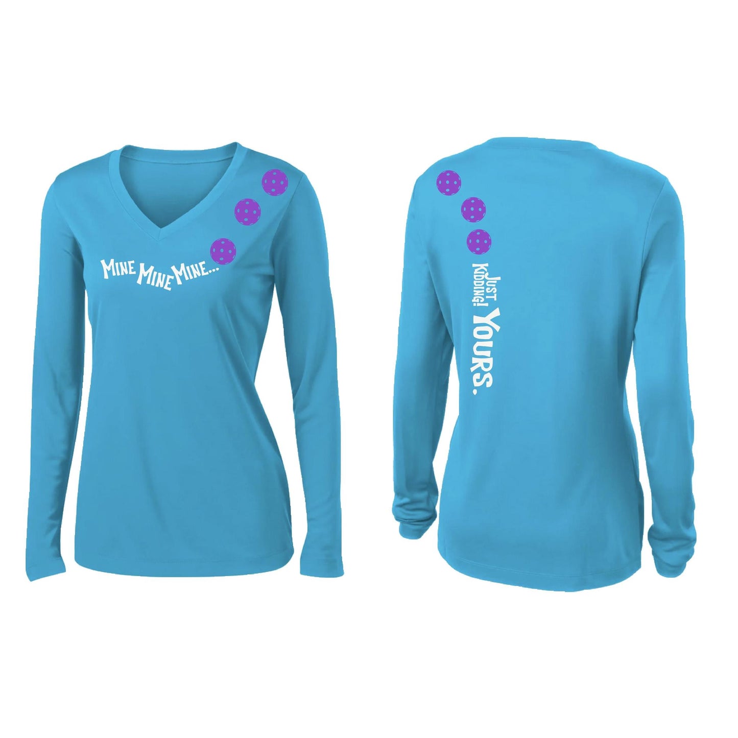 Mine JK Yours (Pickleballs Pink Purple Rainbow) | Women’s Long Sleeve V-Neck Pickleball Performance T-Shirt | 100% Polyester