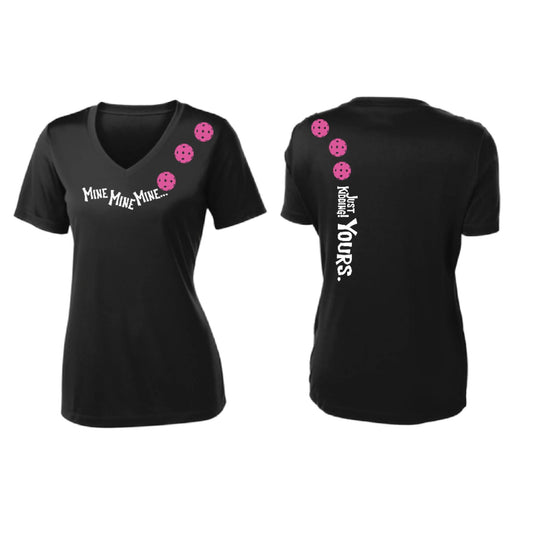 Mine JK Yours (Pickleballs Pink Purple Rainbow) | Women's Short Sleeve V-Neck Pickleball Performance T-Shirts | 100% Polyester