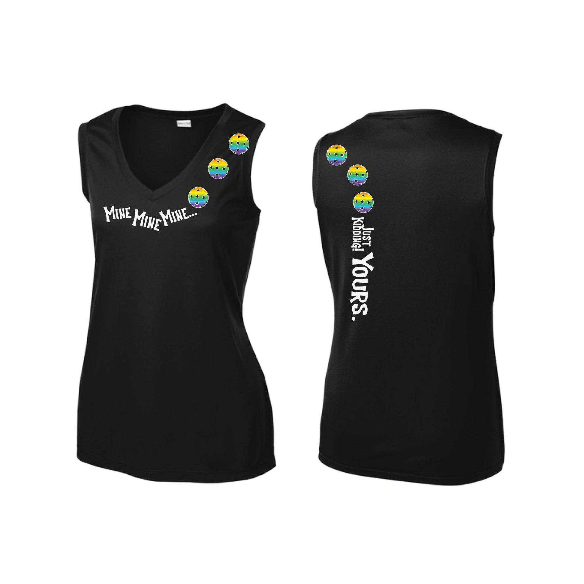 Mine JK Yours (Pickleballs Pink Purple Rainbow) | Women’s Sleeveless Athletic Performance T-Shirt | 100% Polyester