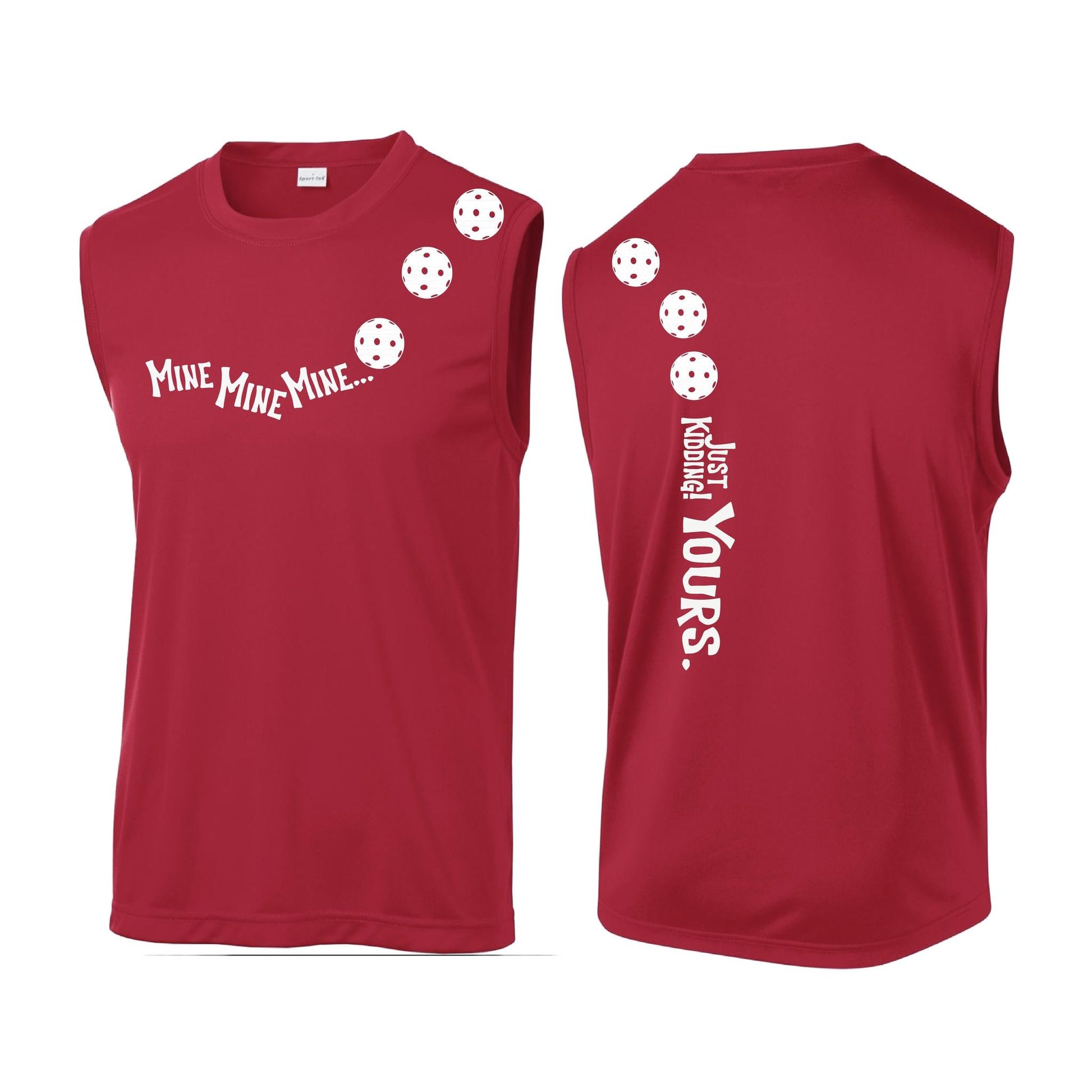 Mine JK Yours (Pickleballs Red White Yellow) | Men's Sleeveless Athletic Performance T-Shirt | 100% Polyester