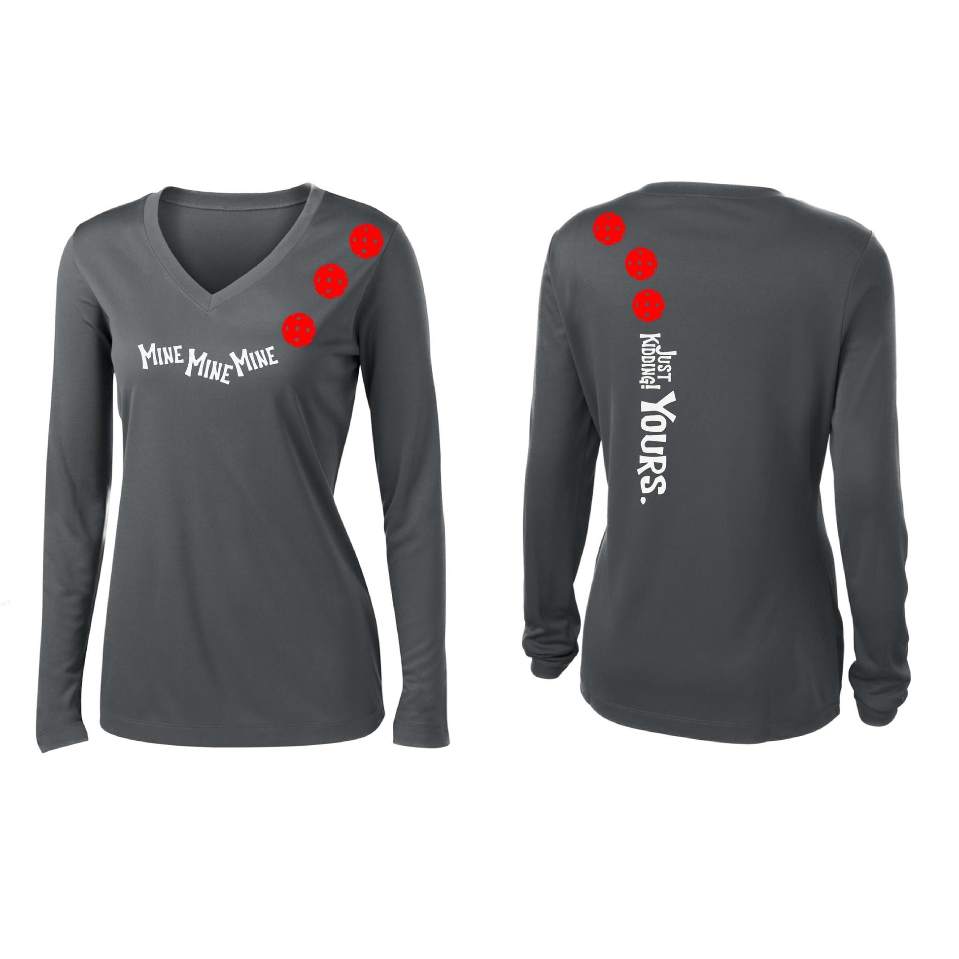 Mine JK Yours (Pickleballs Red White Yellow) | Women’s Long Sleeve V-Neck Pickleball Performance T-Shirt | 100% Polyester