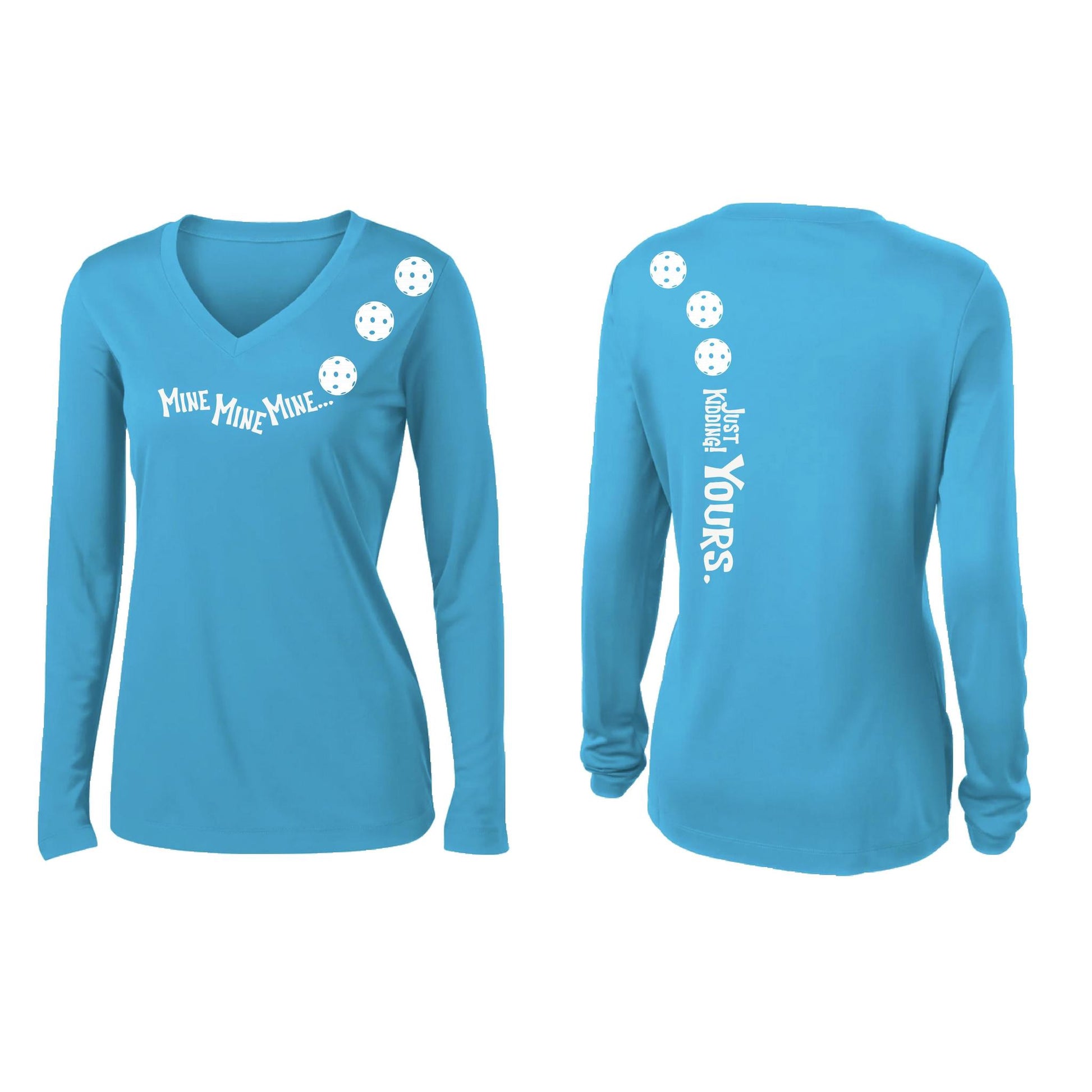 Mine JK Yours (Pickleballs Red White Yellow) | Women’s Long Sleeve V-Neck Pickleball Performance T-Shirt | 100% Polyester