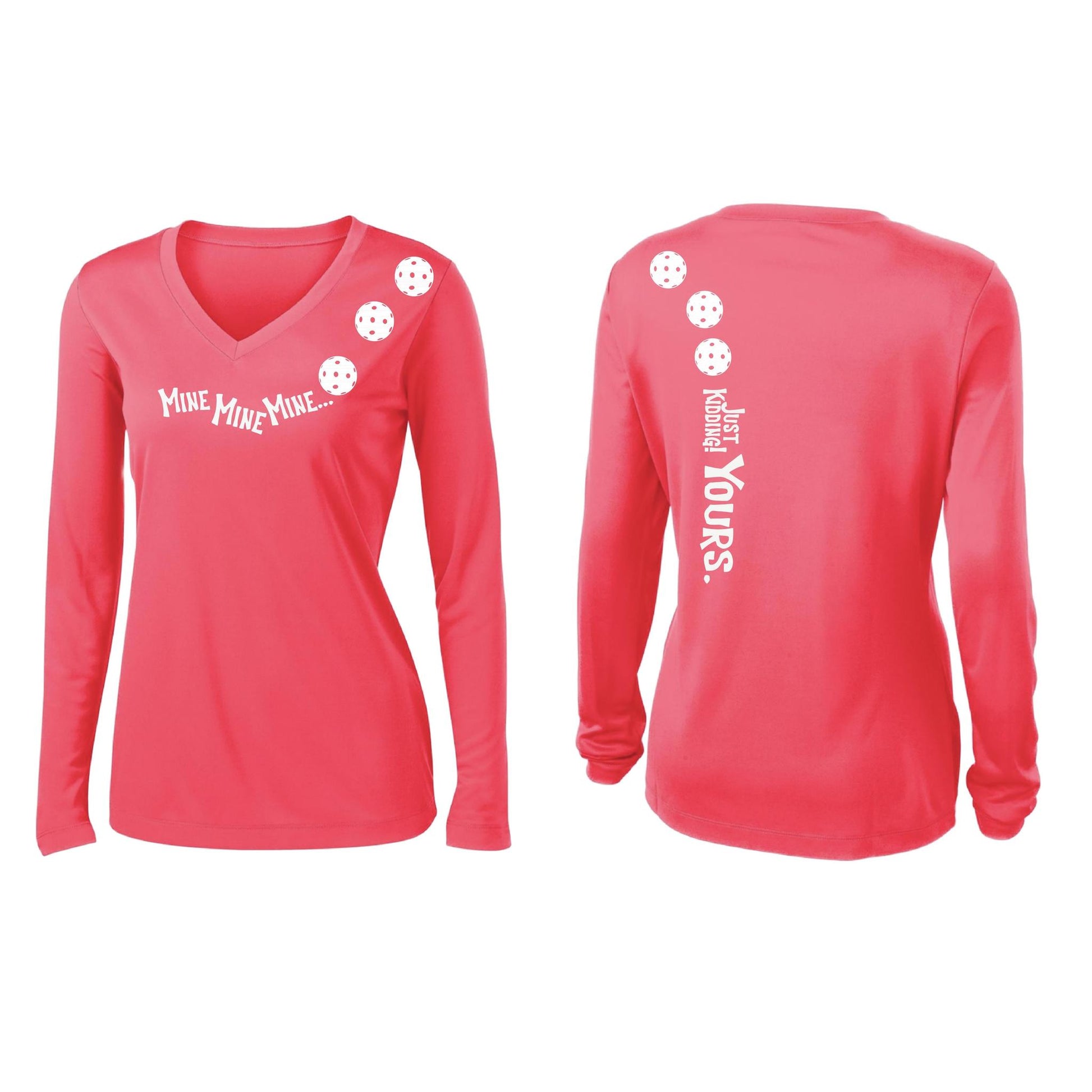Mine JK Yours (Pickleballs Red White Yellow) | Women’s Long Sleeve V-Neck Pickleball Performance T-Shirt | 100% Polyester