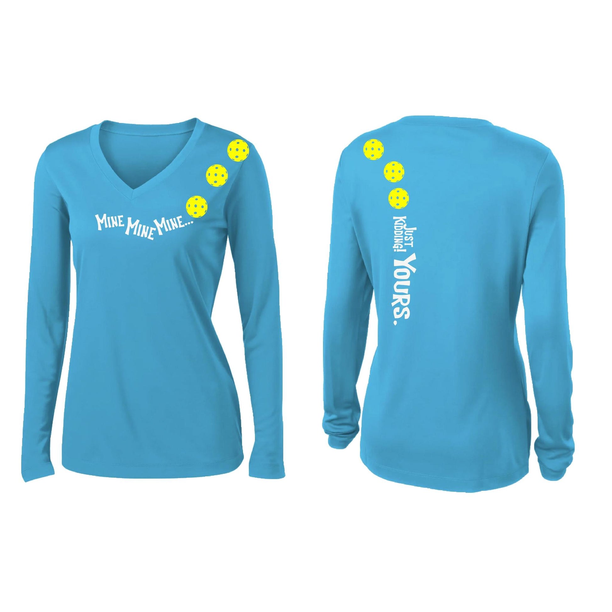 Mine JK Yours (Pickleballs Red White Yellow) | Women’s Long Sleeve V-Neck Pickleball Performance T-Shirt | 100% Polyester