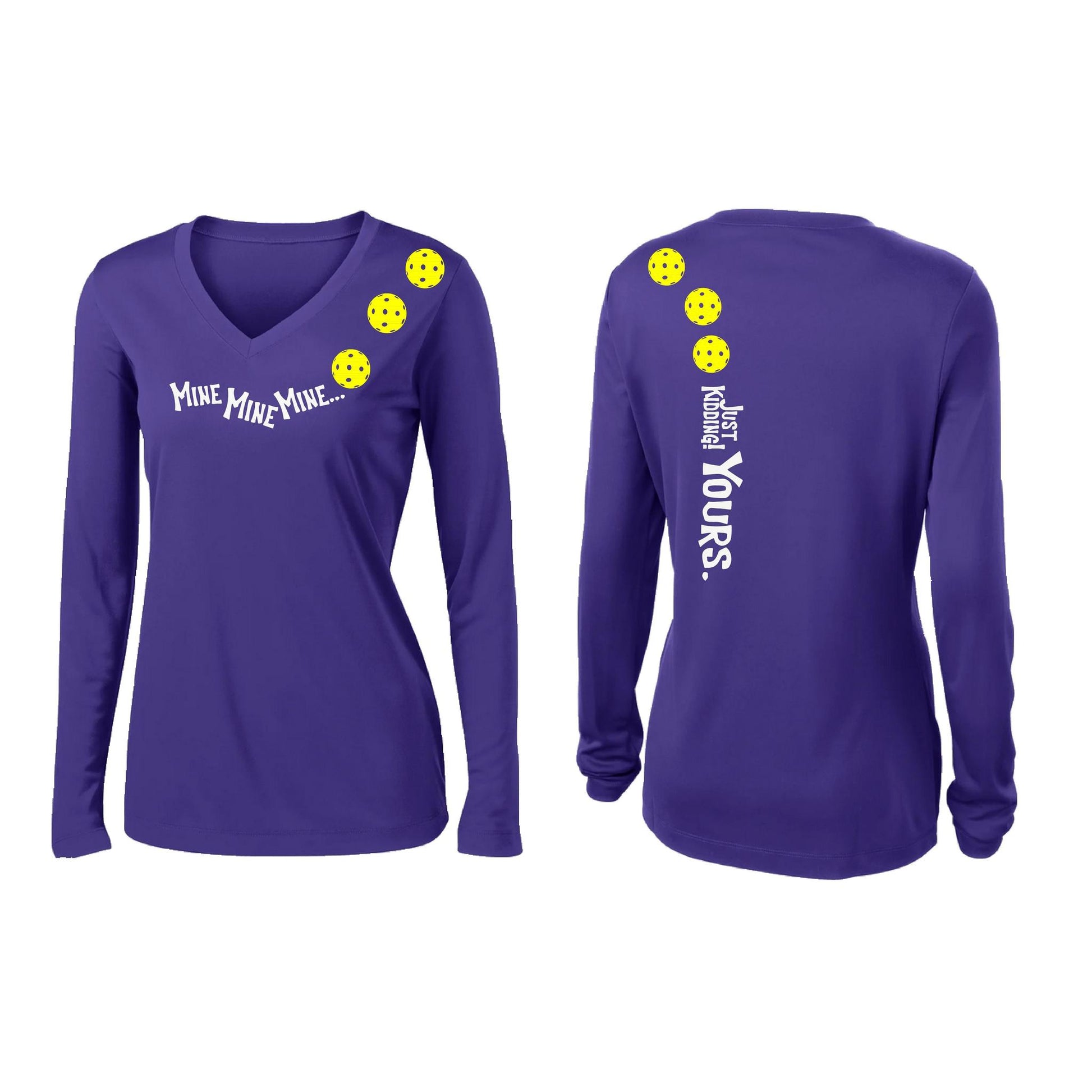 Mine JK Yours (Pickleballs Red White Yellow) | Women’s Long Sleeve V-Neck Pickleball Performance T-Shirt | 100% Polyester