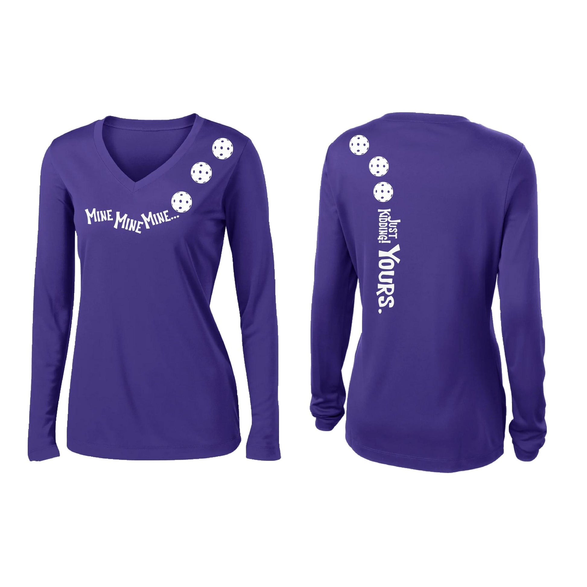 Mine JK Yours (Pickleballs Red White Yellow) | Women’s Long Sleeve V-Neck Pickleball Performance T-Shirt | 100% Polyester