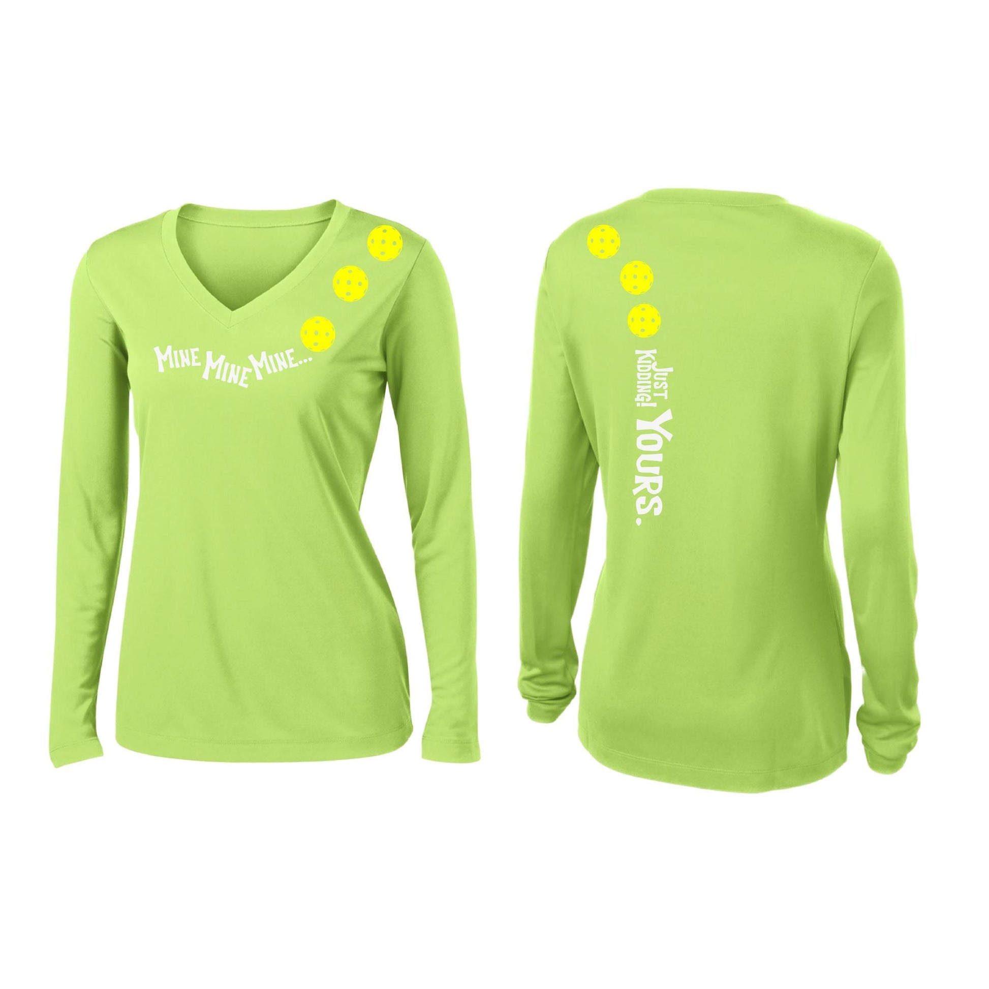 Mine JK Yours (Pickleballs Red White Yellow) | Women’s Long Sleeve V-Neck Pickleball Performance T-Shirt | 100% Polyester