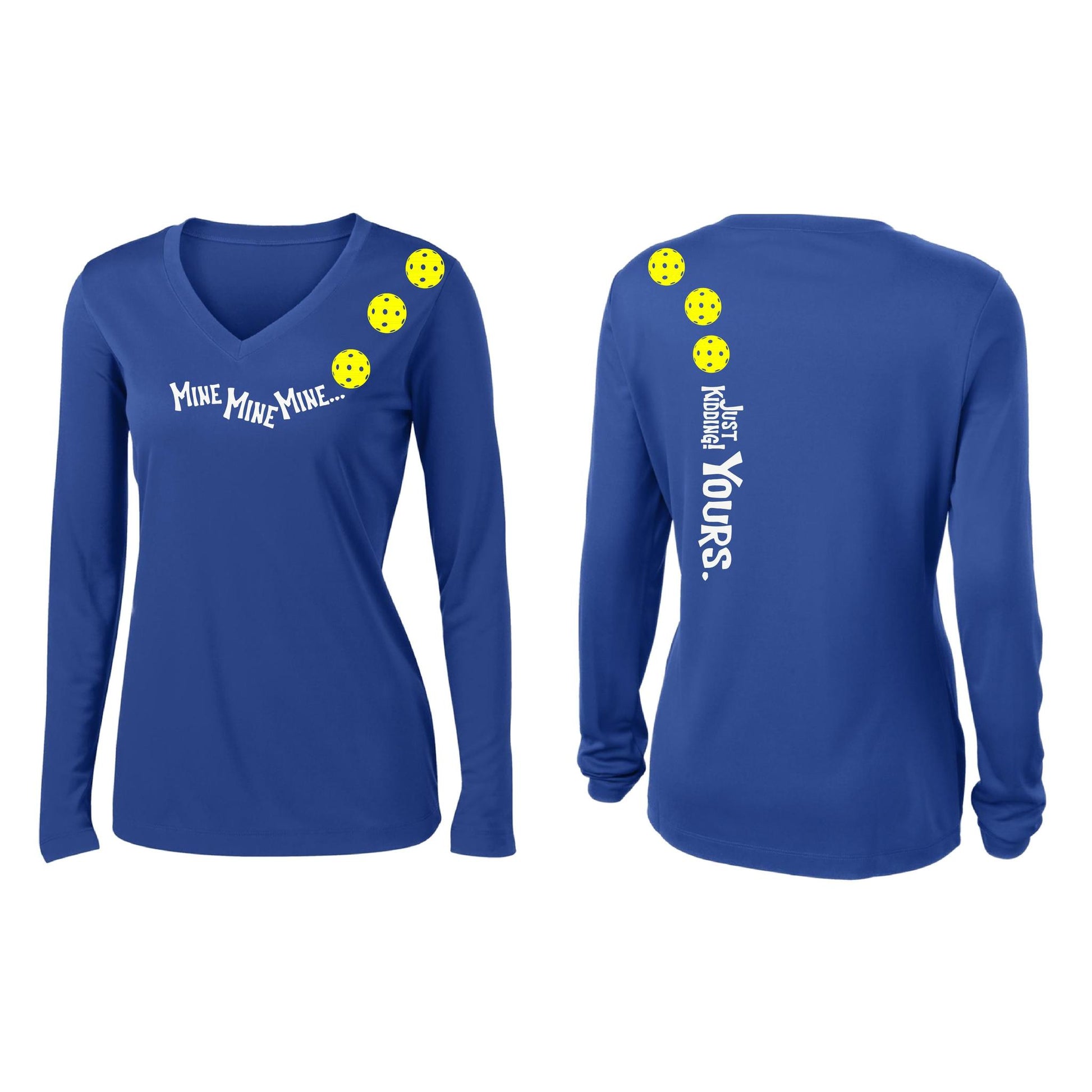 Mine JK Yours (Pickleballs Red White Yellow) | Women’s Long Sleeve V-Neck Pickleball Performance T-Shirt | 100% Polyester