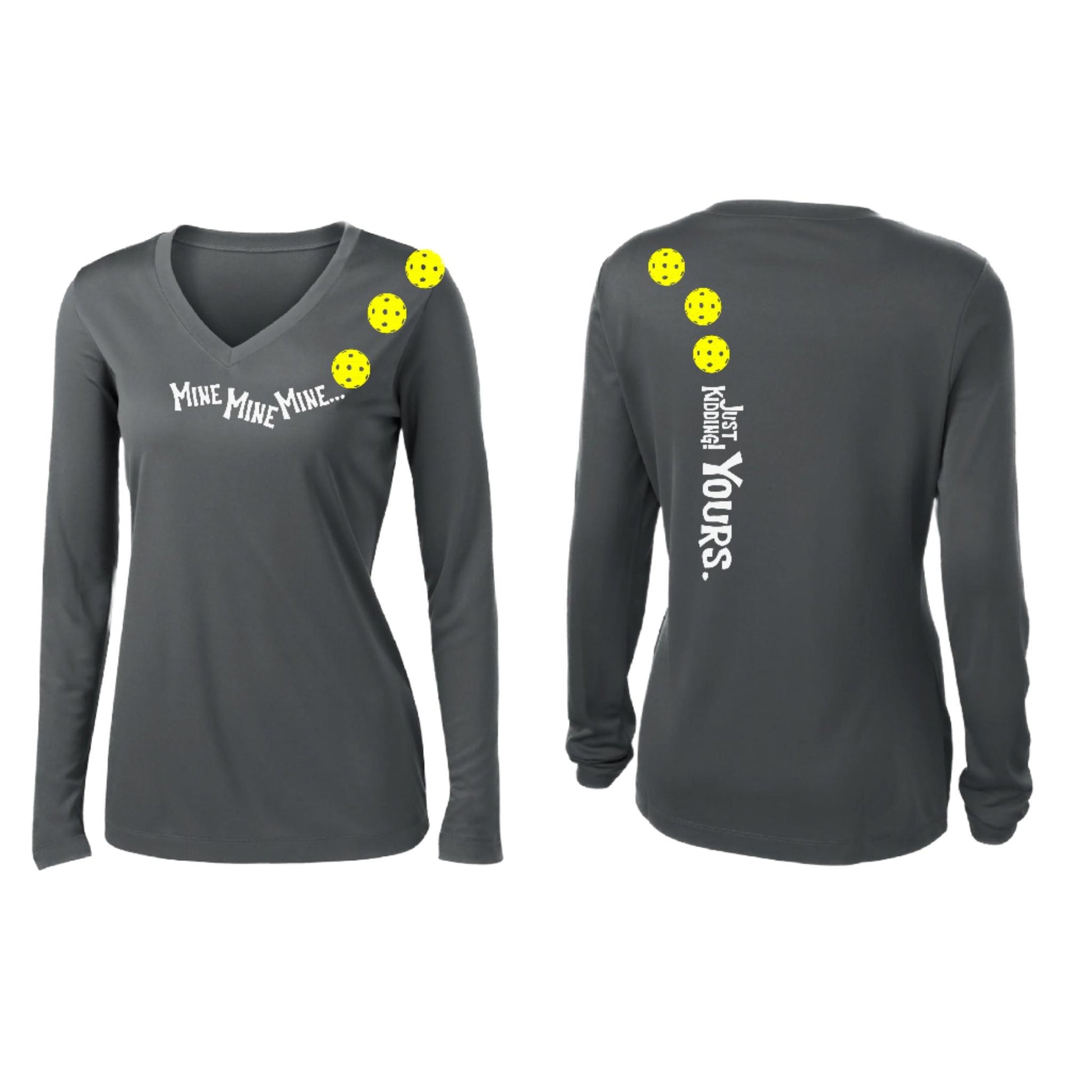 Mine JK Yours (Pickleballs Red White Yellow) | Women’s Long Sleeve V-Neck Pickleball Performance T-Shirt | 100% Polyester