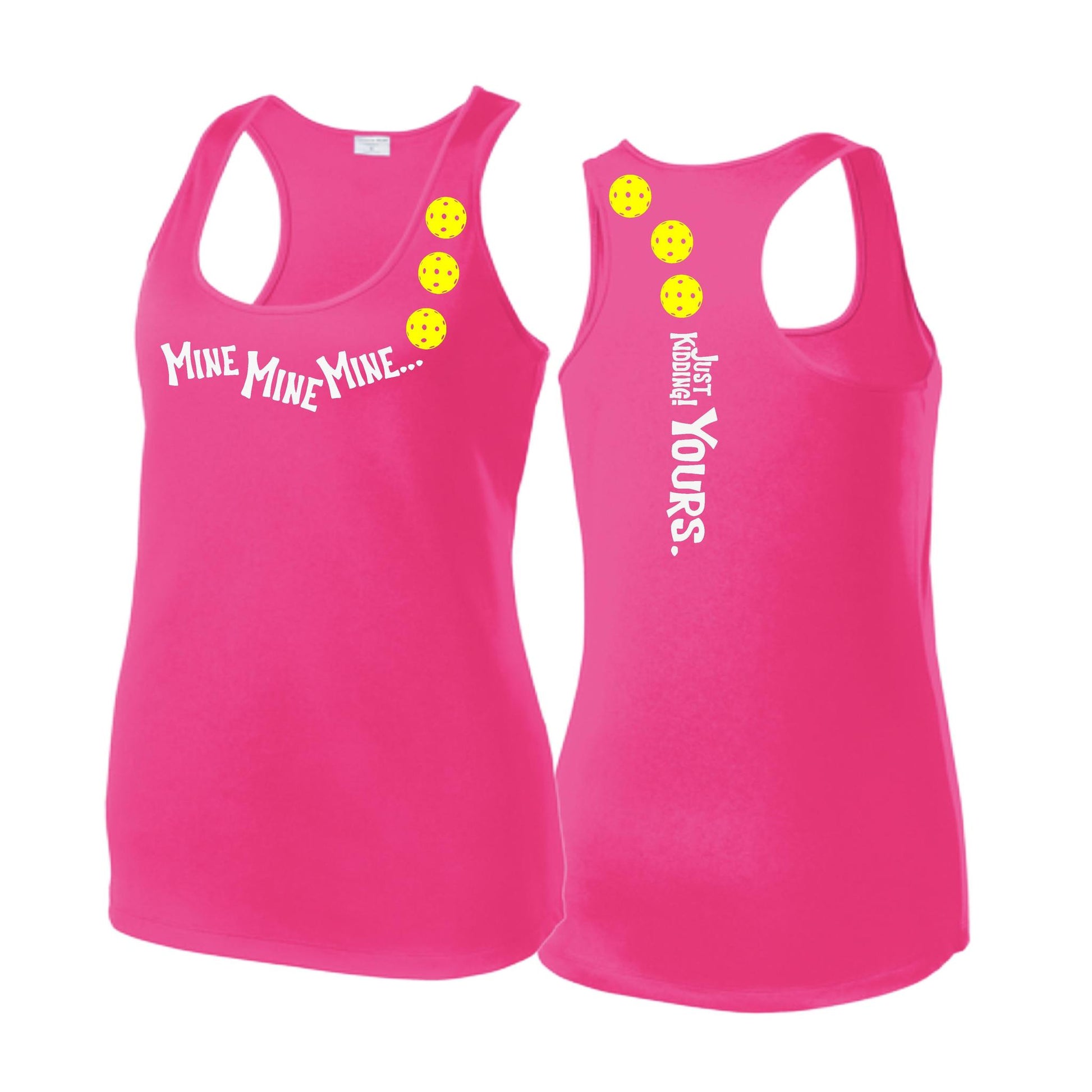 Mine JK Yours (Pickleballs Red White Yellow) | Women's Racerback Pickleball Tank | 100% Polyester