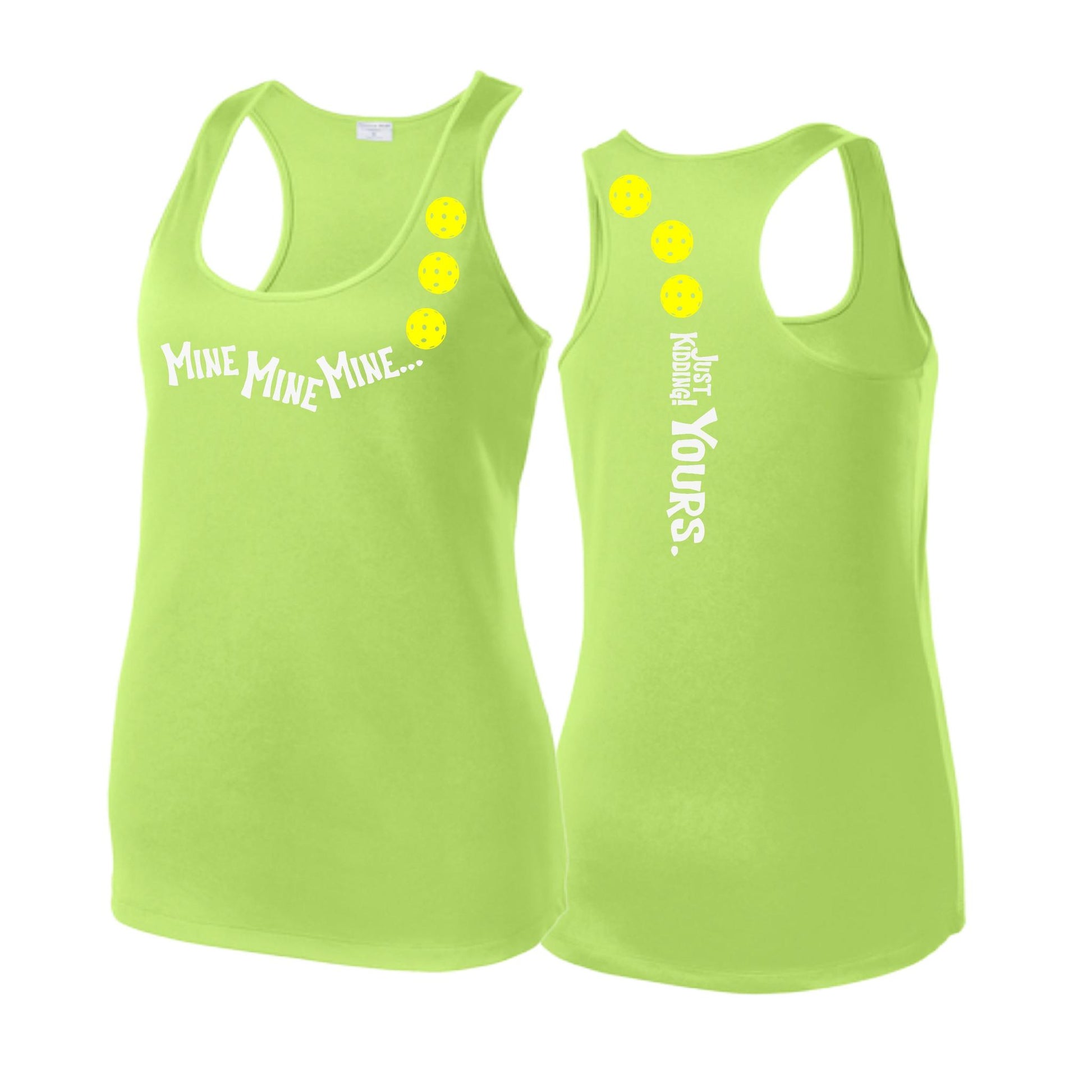 Mine JK Yours (Pickleballs Red White Yellow) | Women's Racerback Pickleball Tank | 100% Polyester