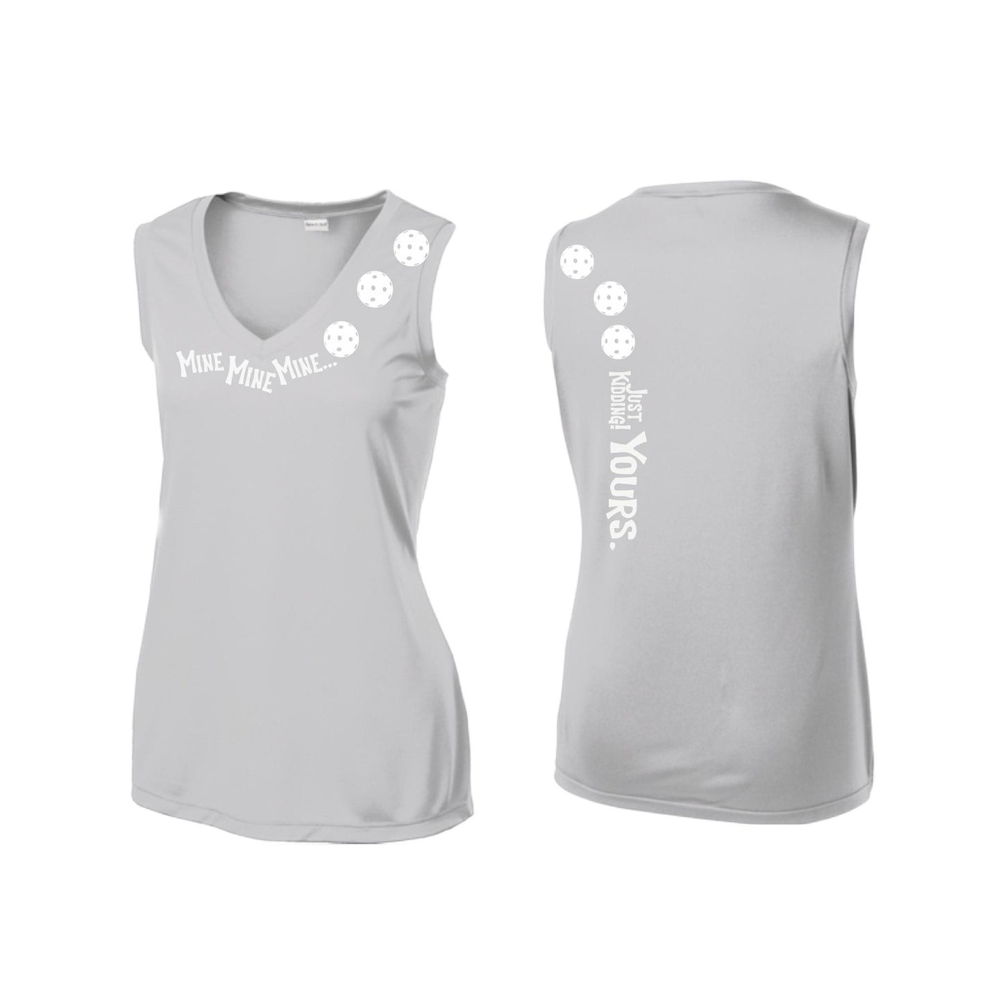 Mine JK Yours (Pickleballs Red White Yellow) | Women’s Sleeveless Athletic Performance T-Shirt | 100% Polyester