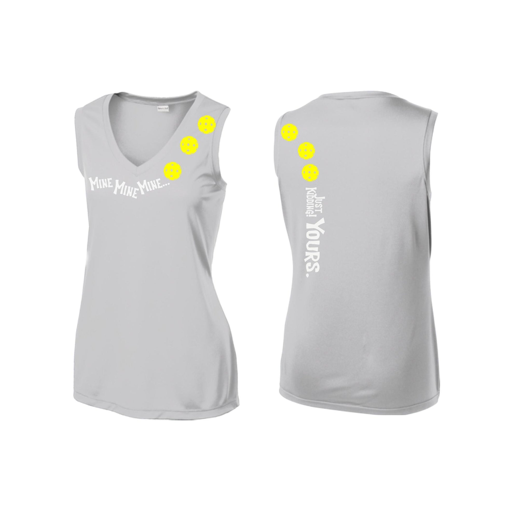 Mine JK Yours (Pickleballs Red White Yellow) | Women’s Sleeveless Athletic Performance T-Shirt | 100% Polyester