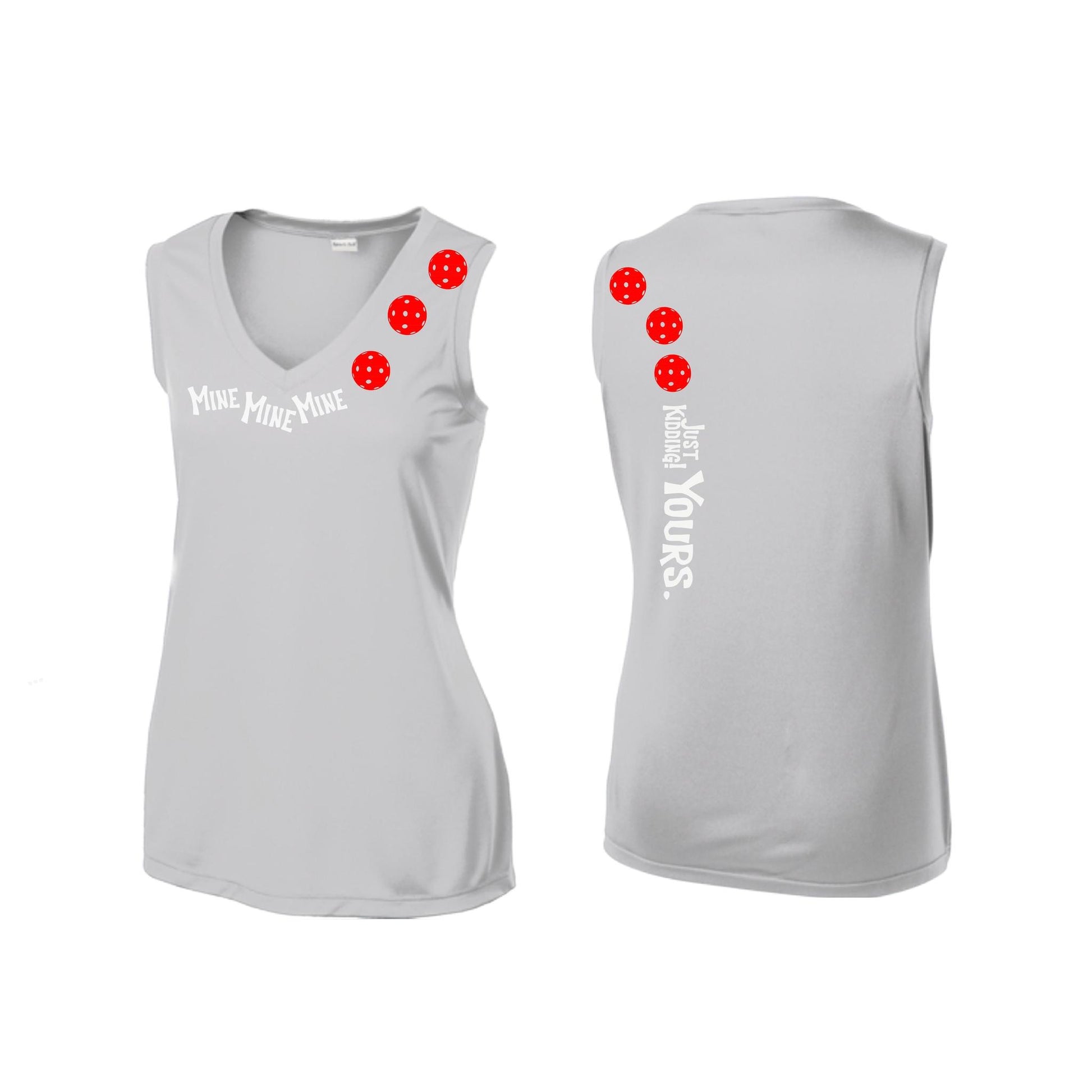 Mine JK Yours (Pickleballs Red White Yellow) | Women’s Sleeveless Athletic Performance T-Shirt | 100% Polyester
