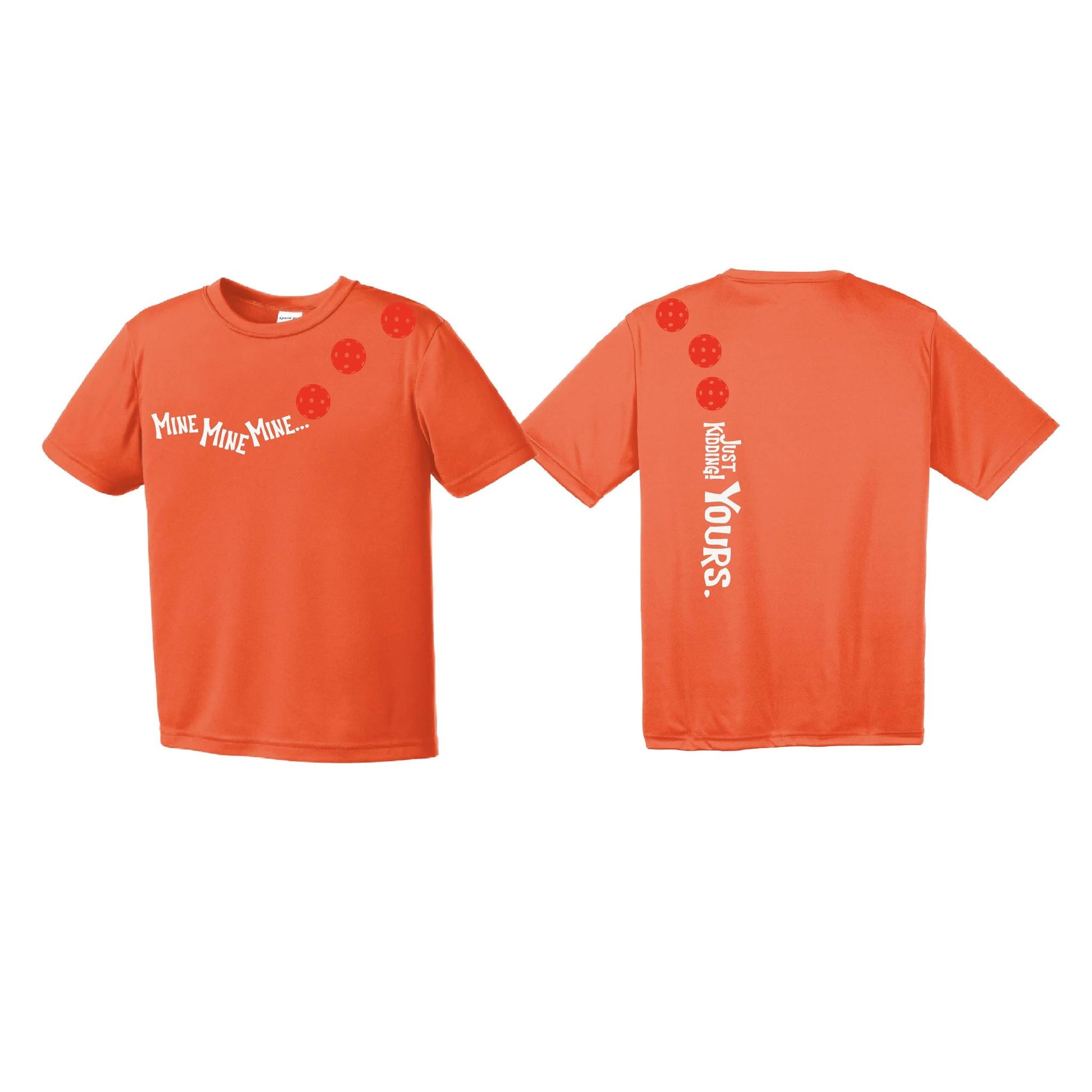 Mine JK Yours (Pickleballs Red White Yellow) | Youth Short Sleeve Pickleball Performance T-Shirts | 100% Polyester