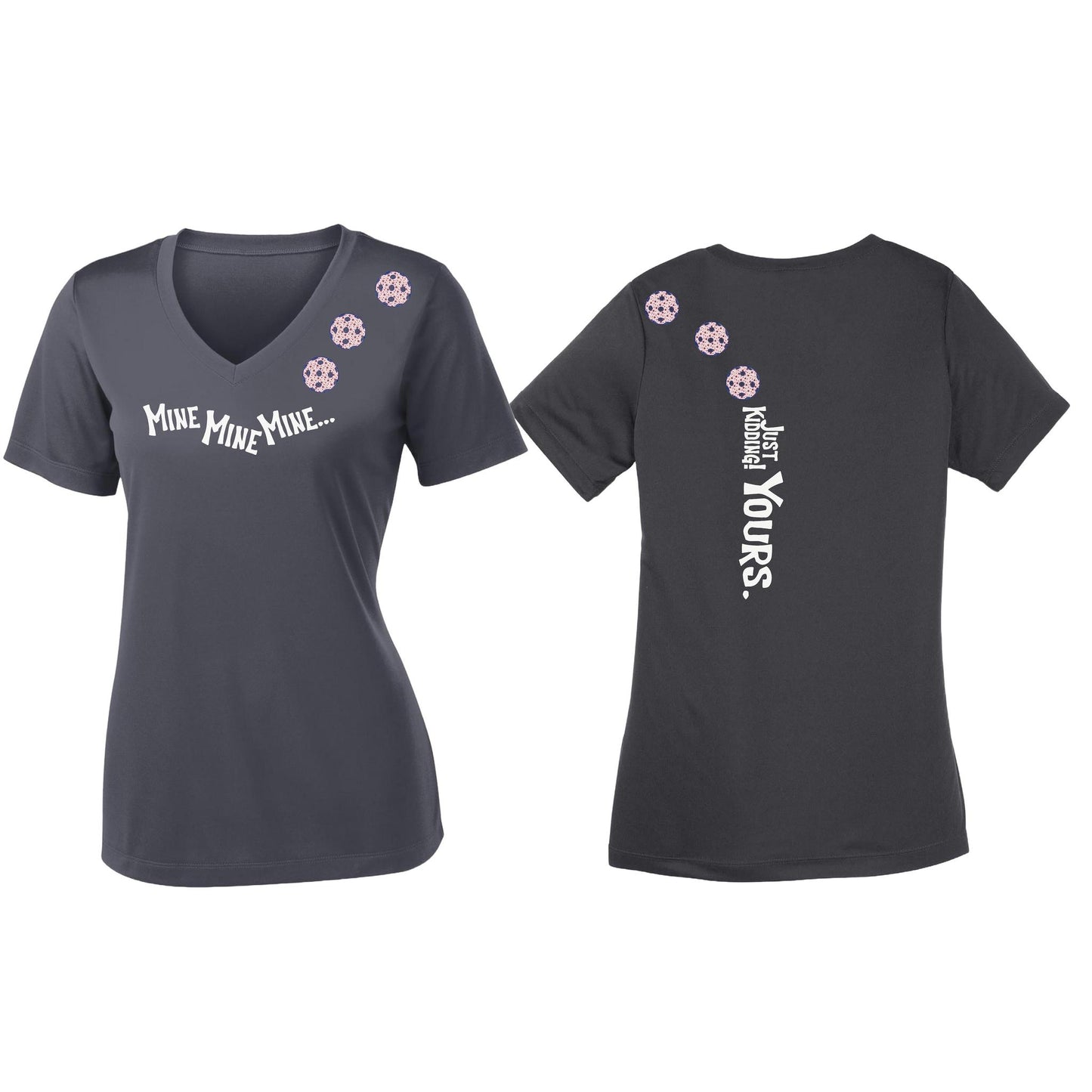 Mine JK Yours (Pickleballs With Stars) | Women's Short Sleeve V-Neck Pickleball Performance T-Shirts | 100% Polyester
