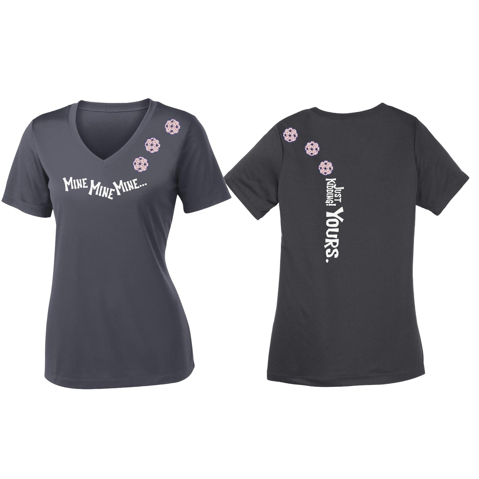 Mine JK Yours (Pickleballs With Stars) | Women's Short Sleeve V-Neck Pickleball Performance T-Shirts | 100% Polyester