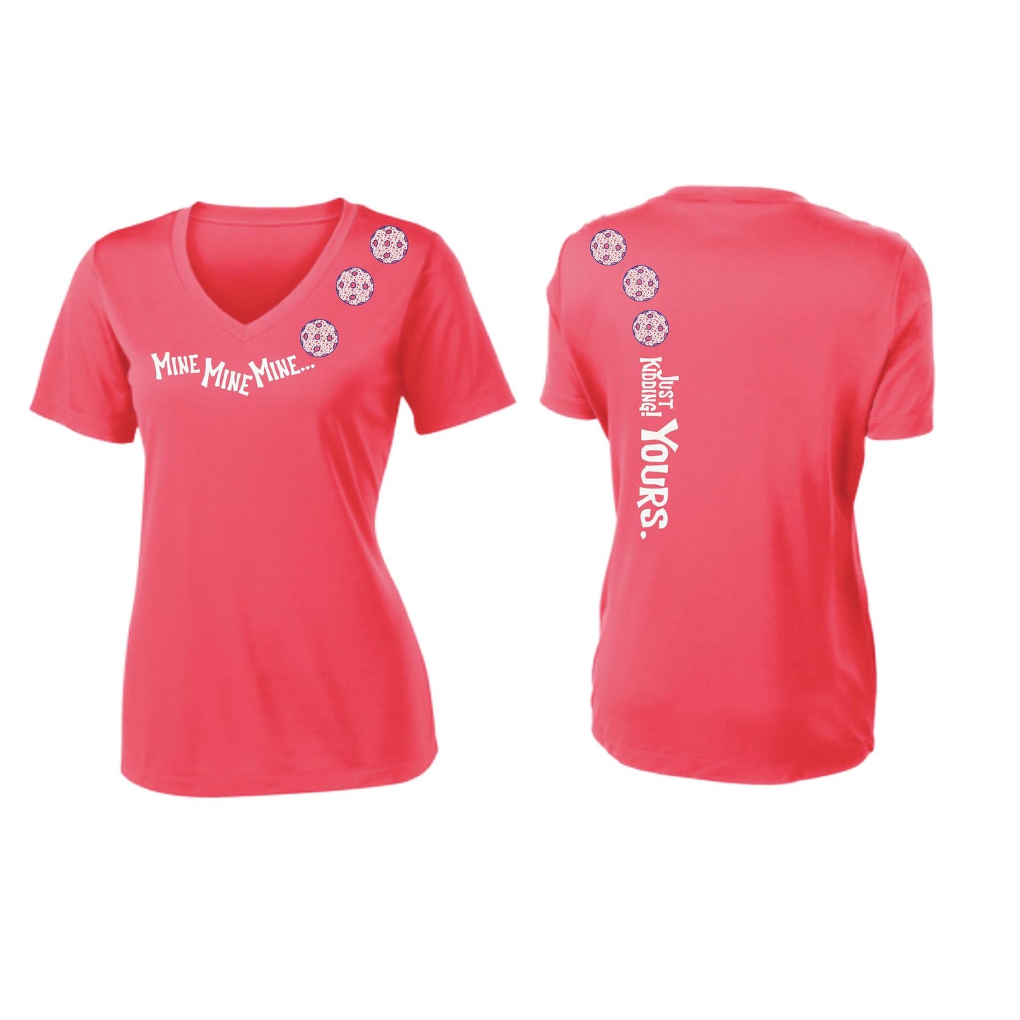Mine JK Yours (Pickleballs With Stars) | Women's Short Sleeve V-Neck Pickleball Performance T-Shirts | 100% Polyester