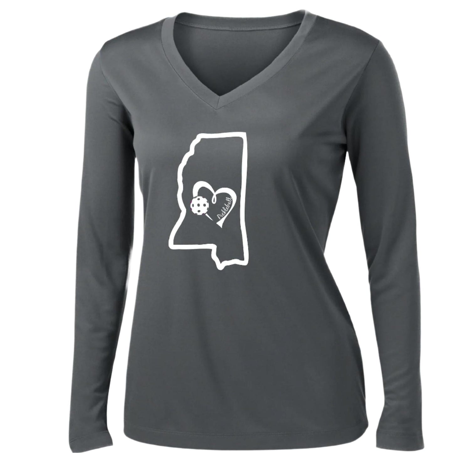 Mississippi State With Pickleball Love | Women's Long Sleeve V-Neck Pickleball Performance T-Shirts | 100% Polyester