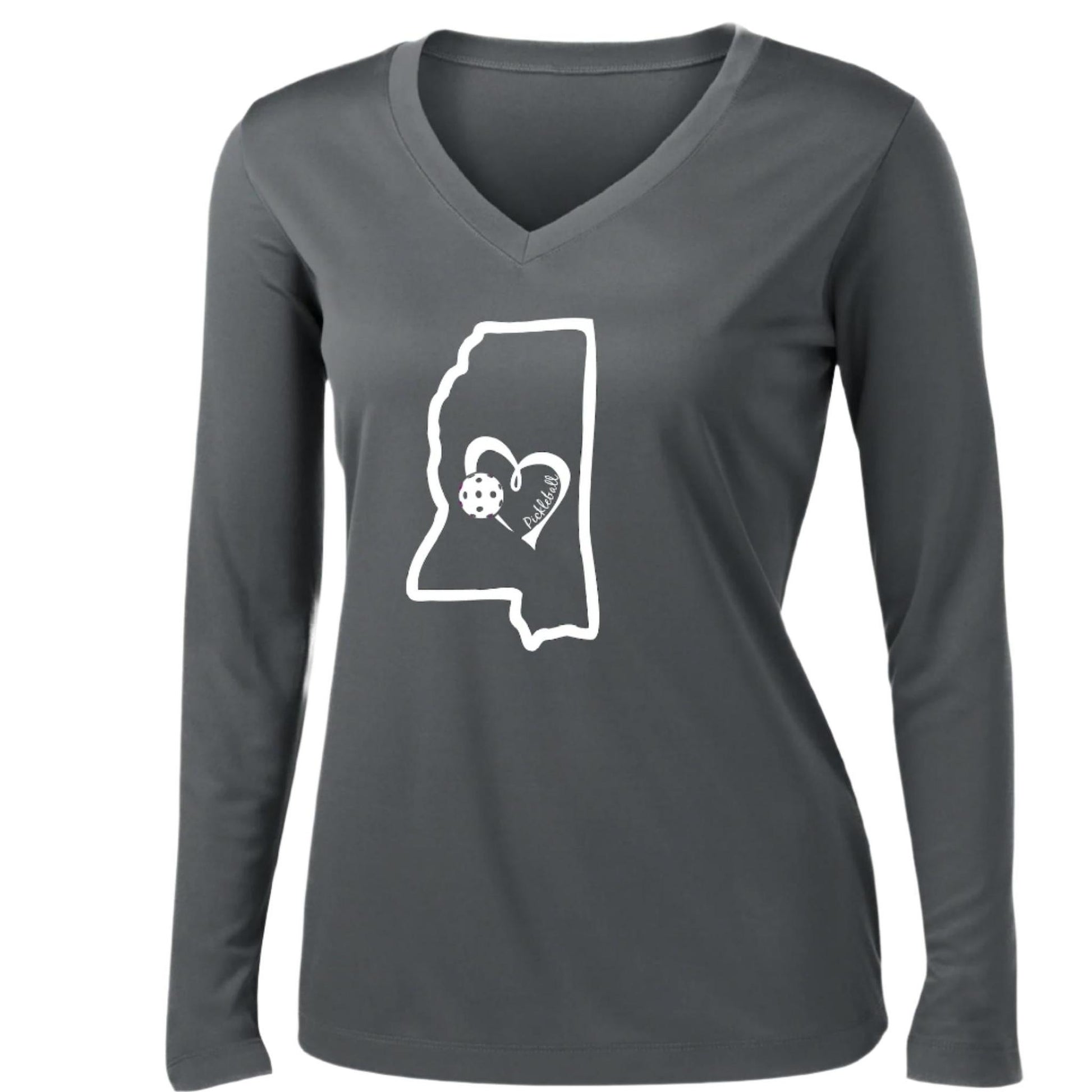 Mississippi State With Pickleball Love | Women's Long Sleeve V-Neck Pickleball Performance T-Shirts | 100% Polyester
