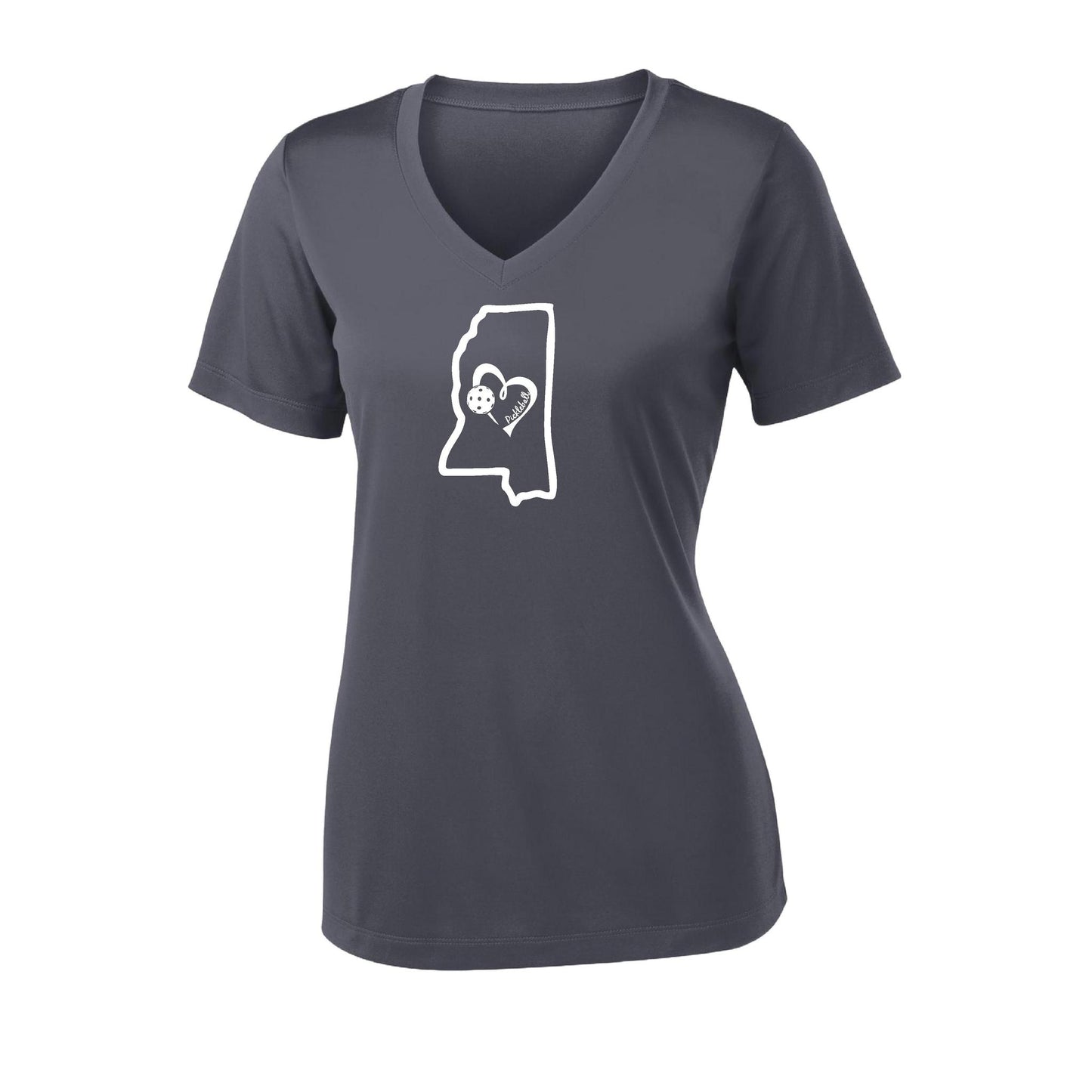Mississippi State With Pickleball Love | Women's Short Sleeve V-Neck Pickleball Performance T-Shirts | 100% Polyester
