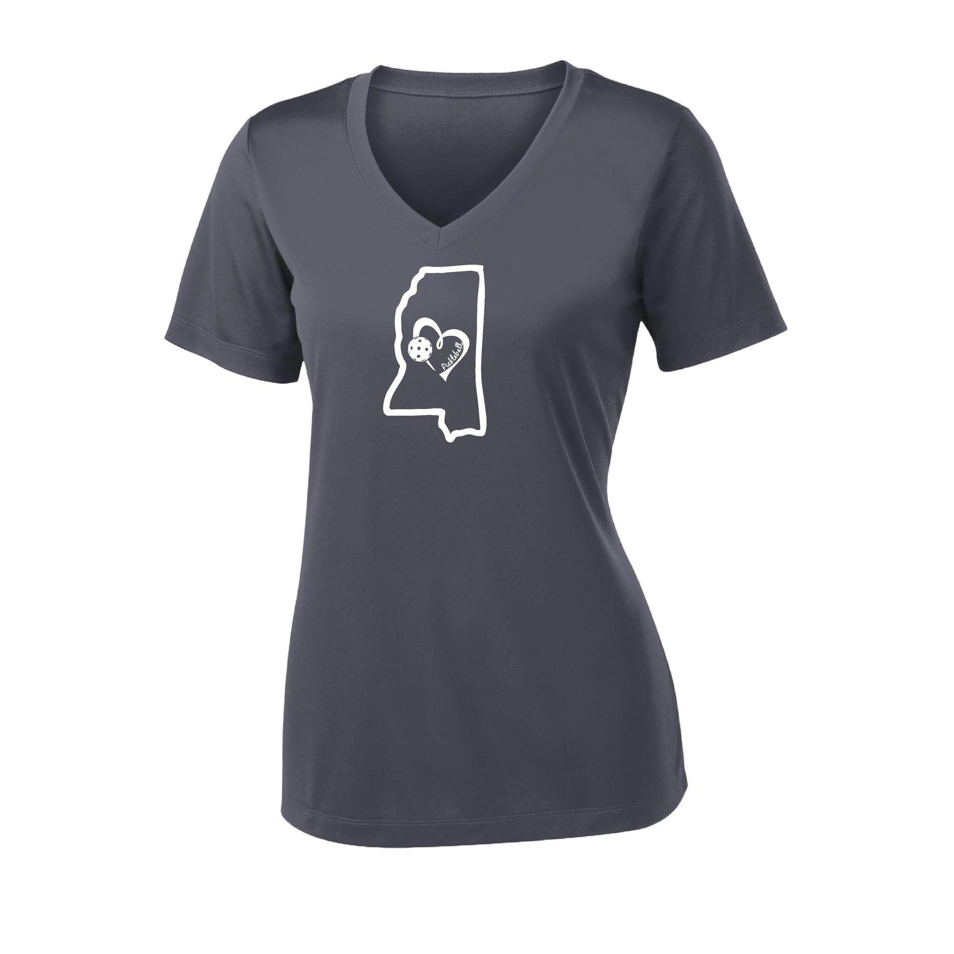 Mississippi State With Pickleball Love | Women's Short Sleeve V-Neck Pickleball Performance T-Shirts | 100% Polyester