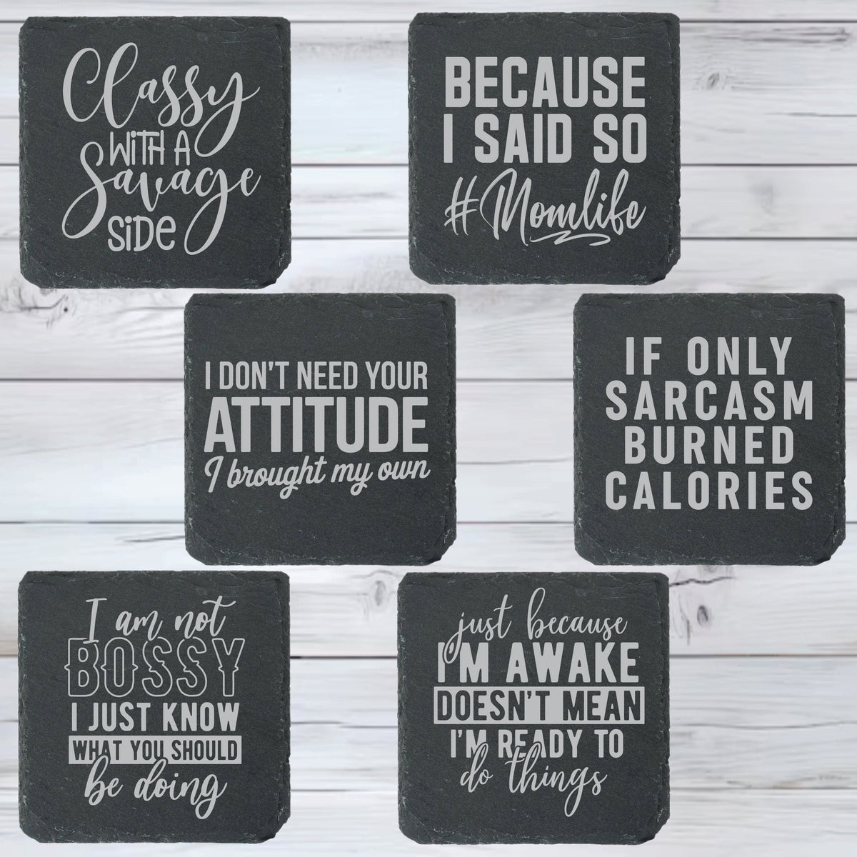 Mom Sayings Slate Stone Coasters | Set of Six Round or Square & Metal Holder | Funny Mom Sayings