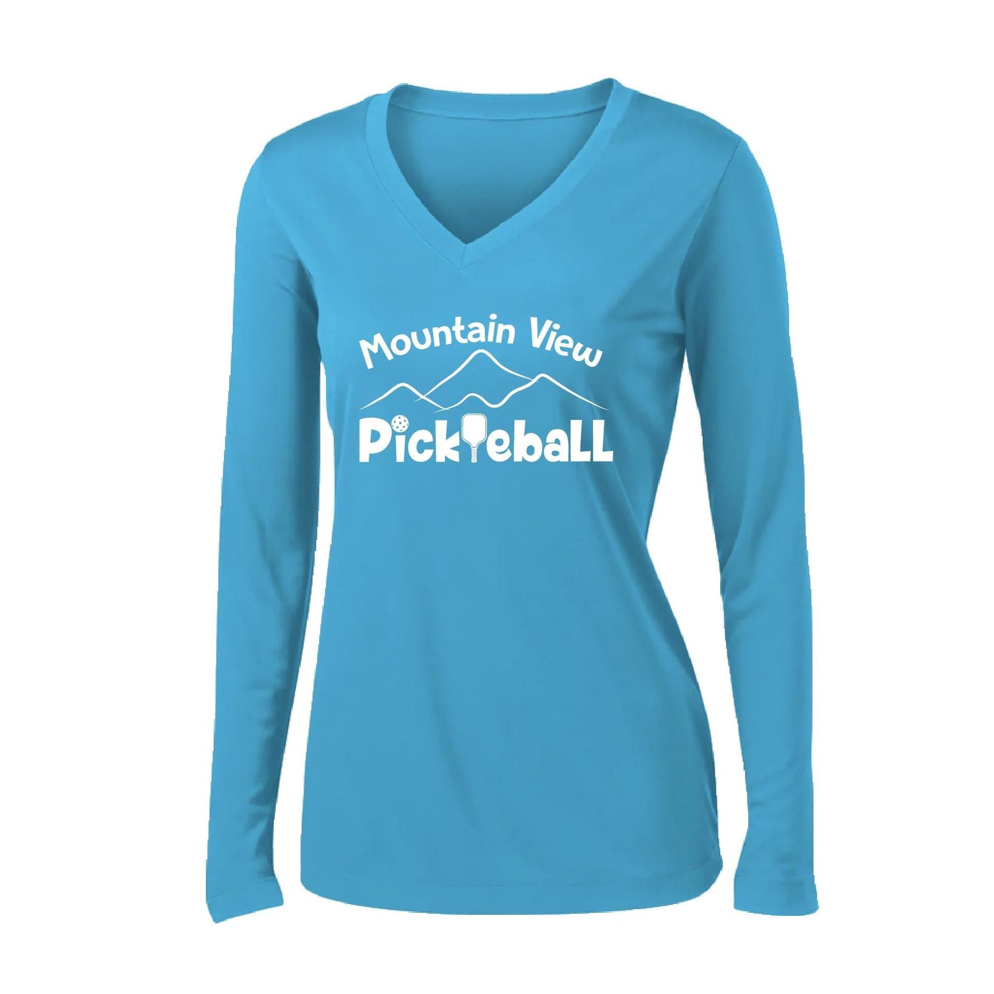 Mountain View Pickleball Club | Women's Long Sleeve V-Neck Pickleball Performance T-Shirts | 100% Polyester