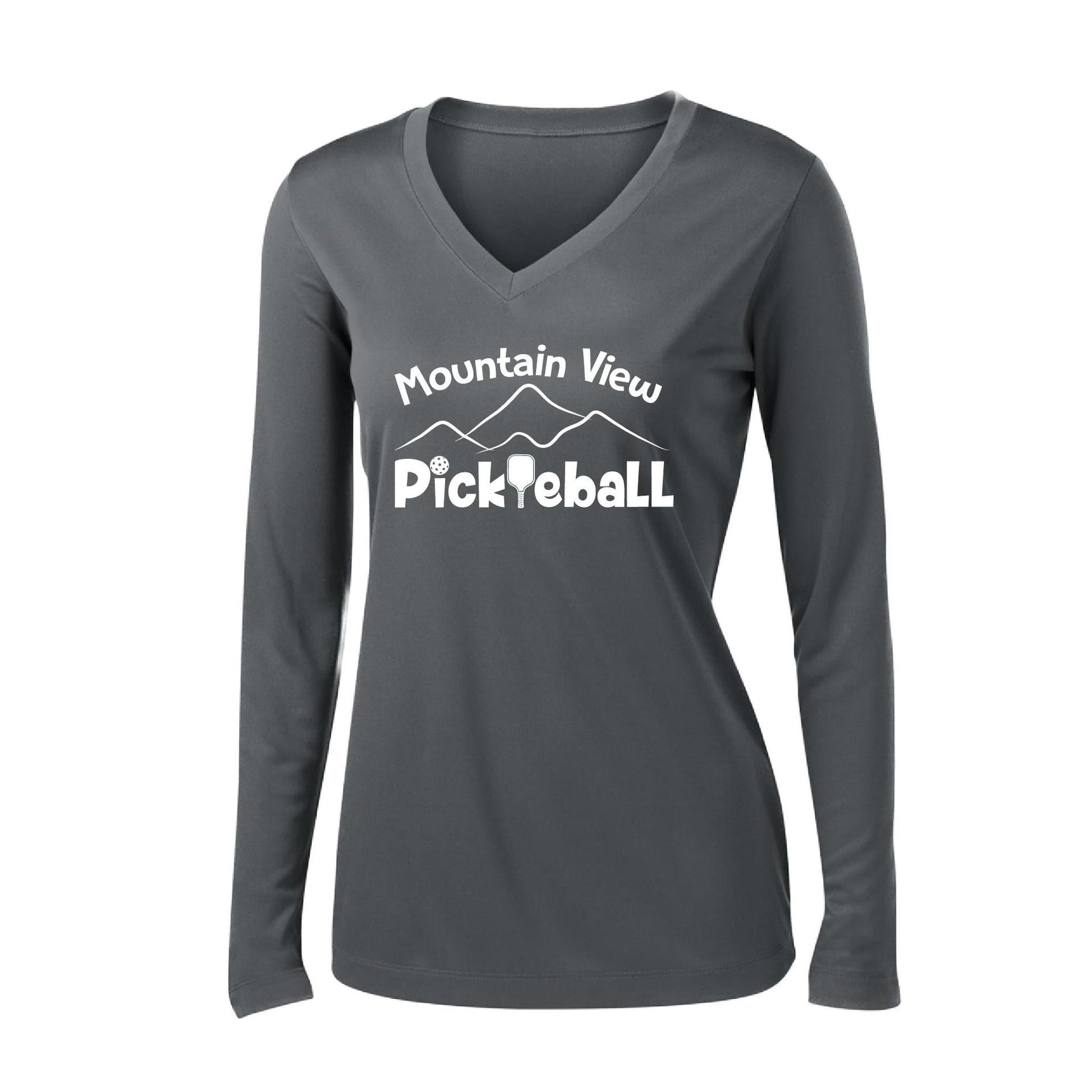 Mountain View Pickleball Club | Women's Long Sleeve V-Neck Pickleball Performance T-Shirts | 100% Polyester