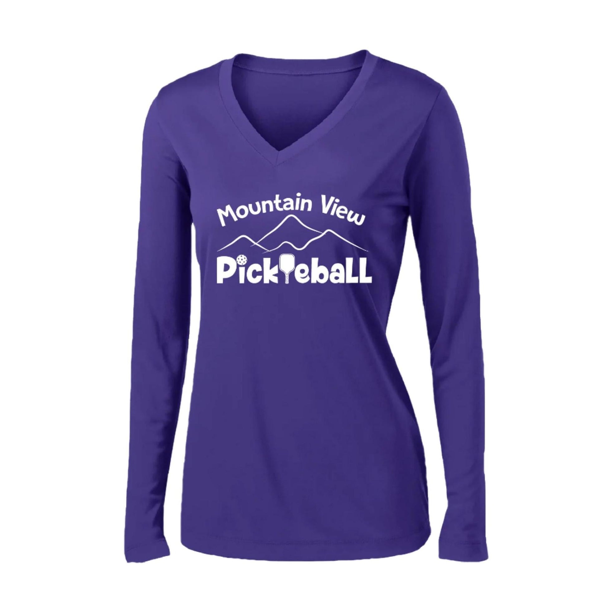 Mountain View Pickleball Club | Women's Long Sleeve V-Neck Pickleball Performance T-Shirts | 100% Polyester