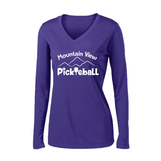 Mountain View Pickleball Club | Women's Long Sleeve V-Neck Pickleball Shirts | 100% Polyester