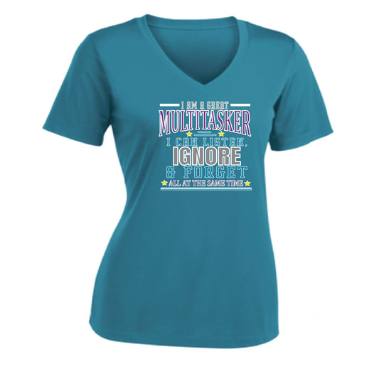 Multitasker - Listen Ignore Forget | Women's Short Sleeve V-Neck Performance T-Shirts | 100% Polyester