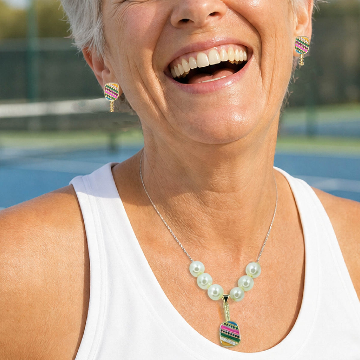 Pickelball Jewelry - Cubic Zirconia Pickleball Paddle Necklace And Earrings - Fun Pickleball Gifts