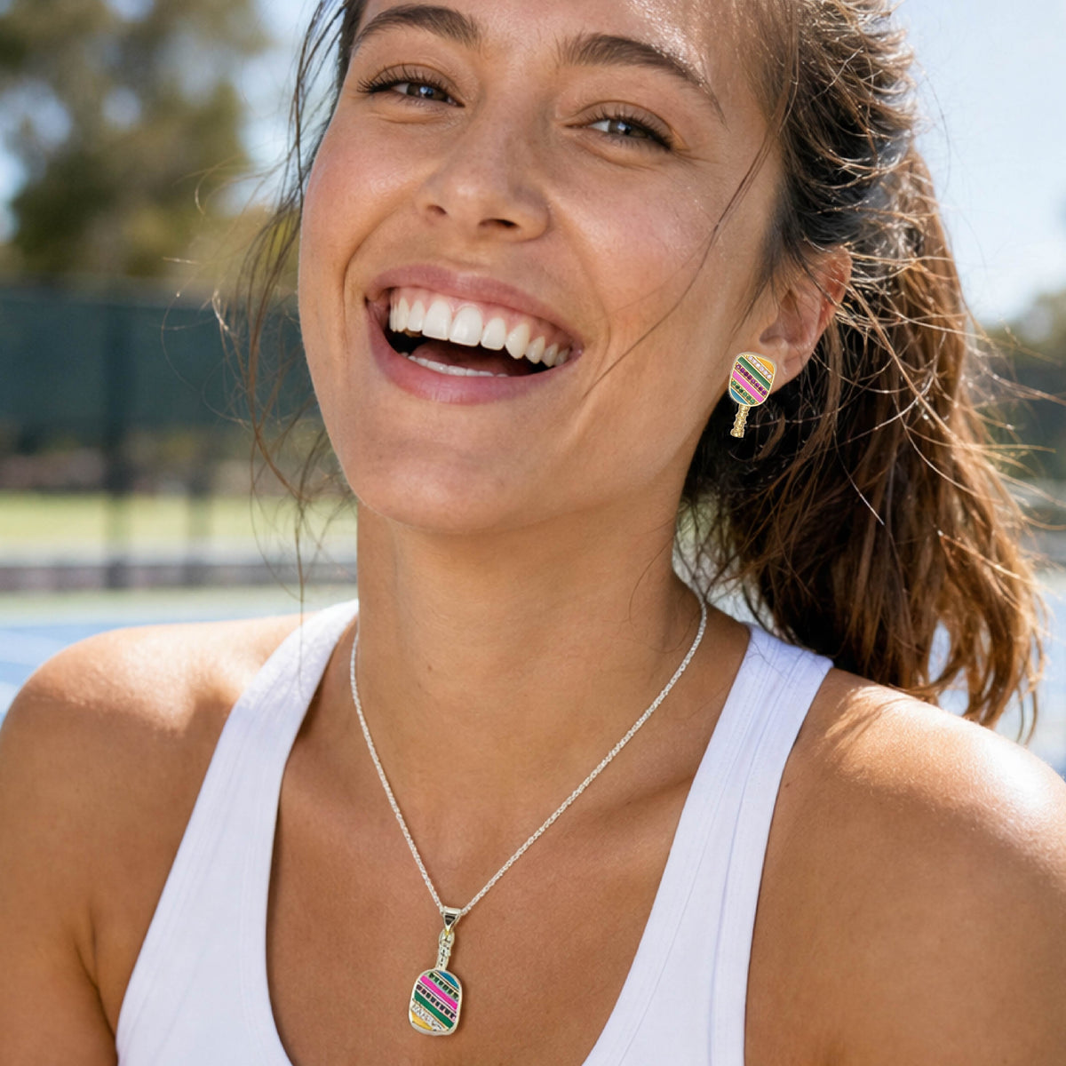 Pickelball Jewelry - Cubic Zirconia Pickleball Paddle Necklace And Earrings - Fun Pickleball Gifts