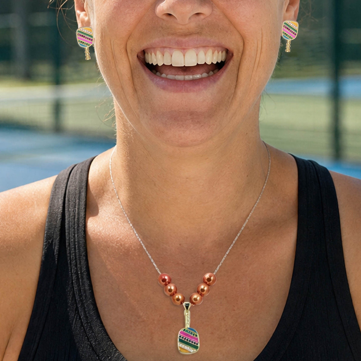 Pickelball Jewelry - Cubic Zirconia Pickleball Paddle Necklace And Earrings - Fun Pickleball Gifts