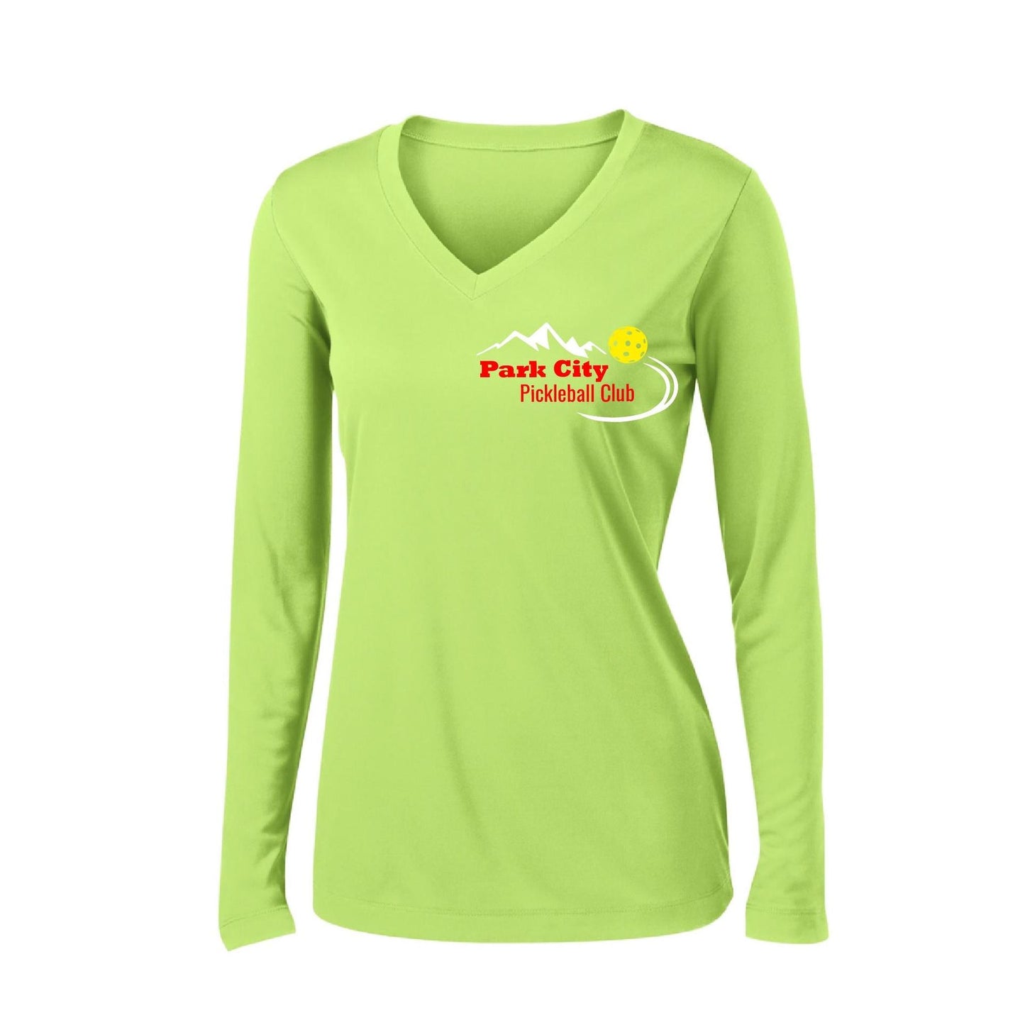 Park City Pickleball Club (Red) | Women's Long Sleeve V-Neck Pickleball Performance T-Shirts | 100% Polyester