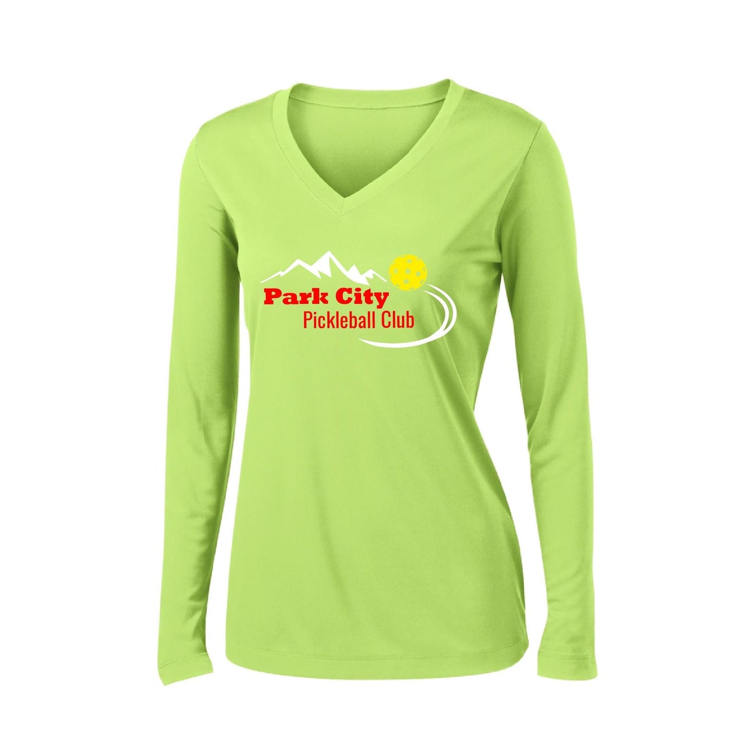Park City Pickleball Club (Red) | Women's Long Sleeve V-Neck Pickleball Performance T-Shirts | 100% Polyester