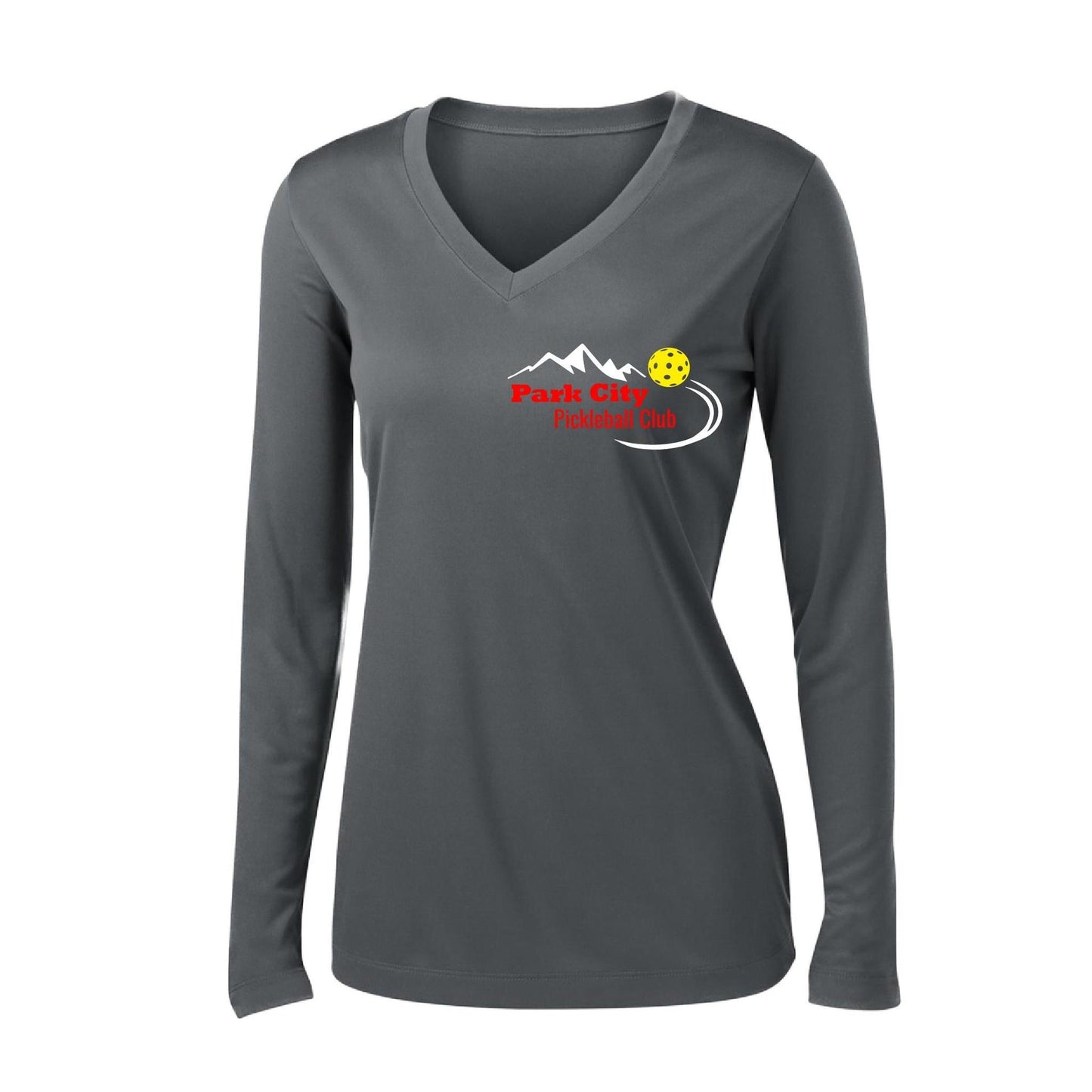 Park City Pickleball Club (Red) | Women's Long Sleeve V-Neck Pickleball Performance T-Shirts | 100% Polyester