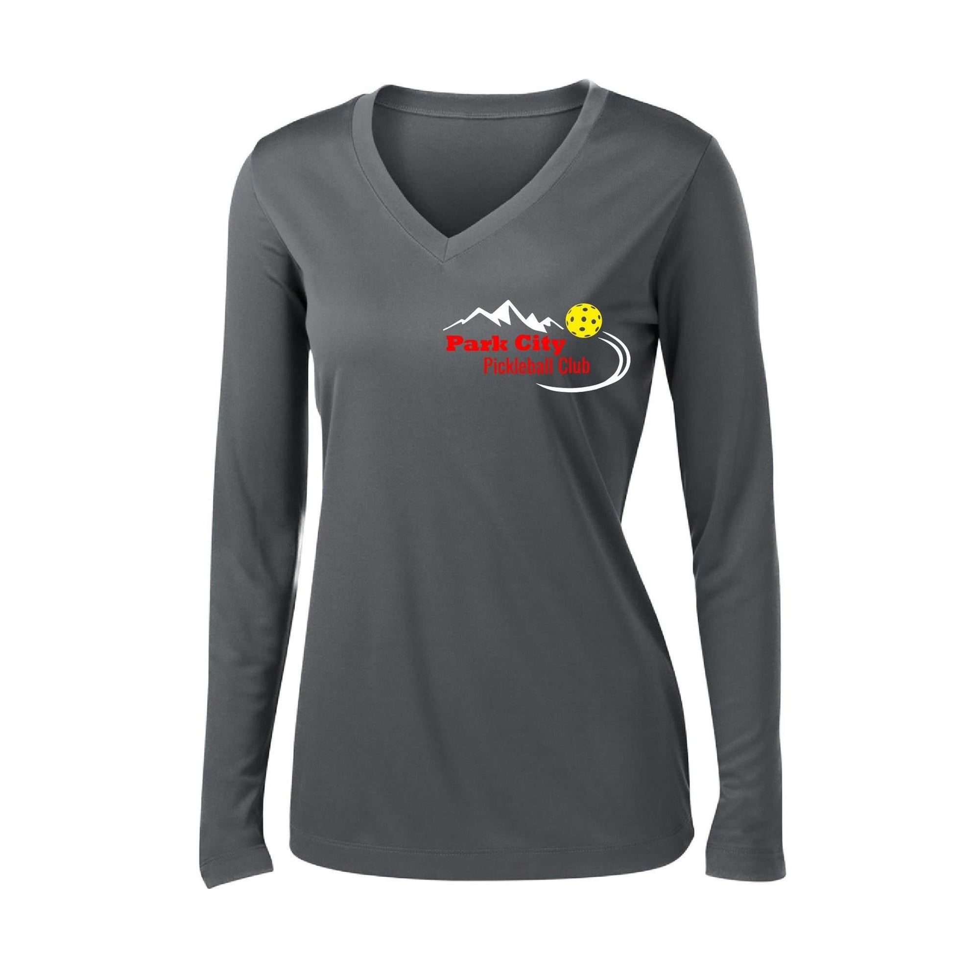 Park City Pickleball Club (Red) | Women's Long Sleeve V-Neck Pickleball Performance T-Shirts | 100% Polyester