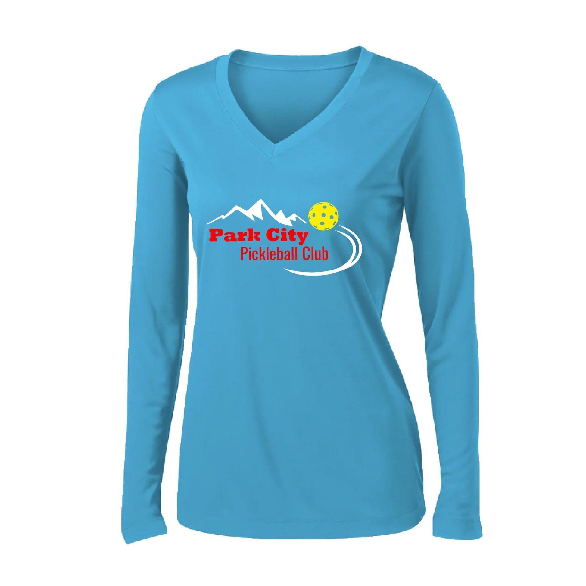 Park City Pickleball Club (Red) | Women's Long Sleeve V-Neck Pickleball Performance T-Shirts | 100% Polyester