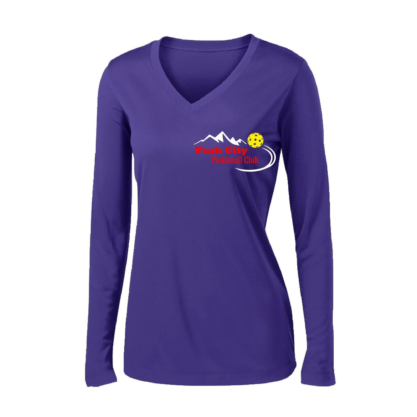 Park City Pickleball Club (Red) | Women's Long Sleeve V-Neck Pickleball Performance T-Shirts | 100% Polyester