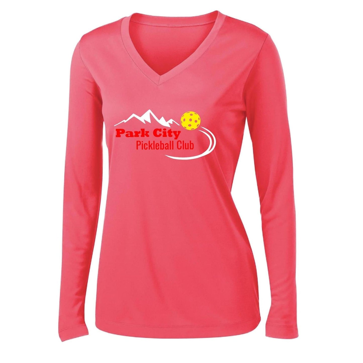 Park City Pickleball Club (Red) | Women's Long Sleeve V-Neck Pickleball Performance T-Shirts | 100% Polyester
