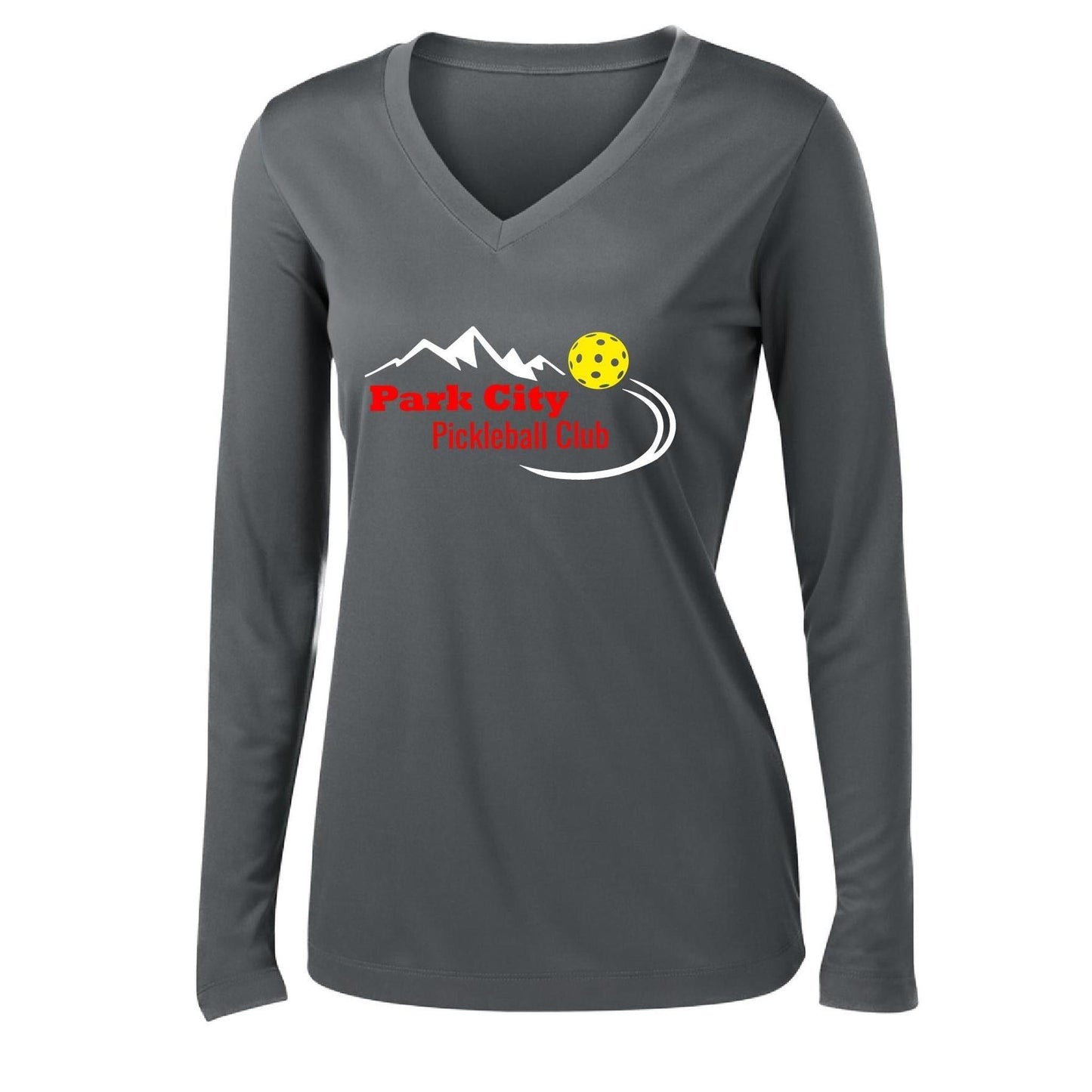 Park City Pickleball Club (Red) | Women's Long Sleeve V-Neck Pickleball Performance T-Shirts | 100% Polyester