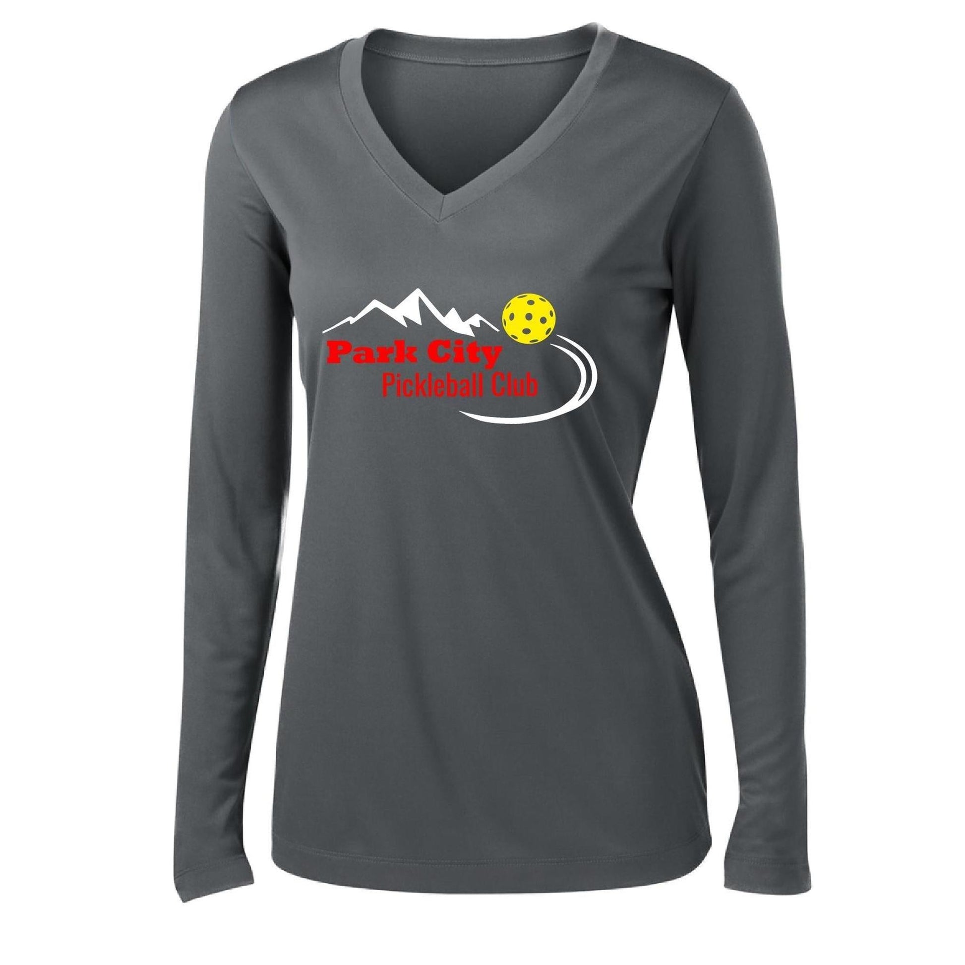 Park City Pickleball Club (Red) | Women's Long Sleeve V-Neck Pickleball Performance T-Shirts | 100% Polyester