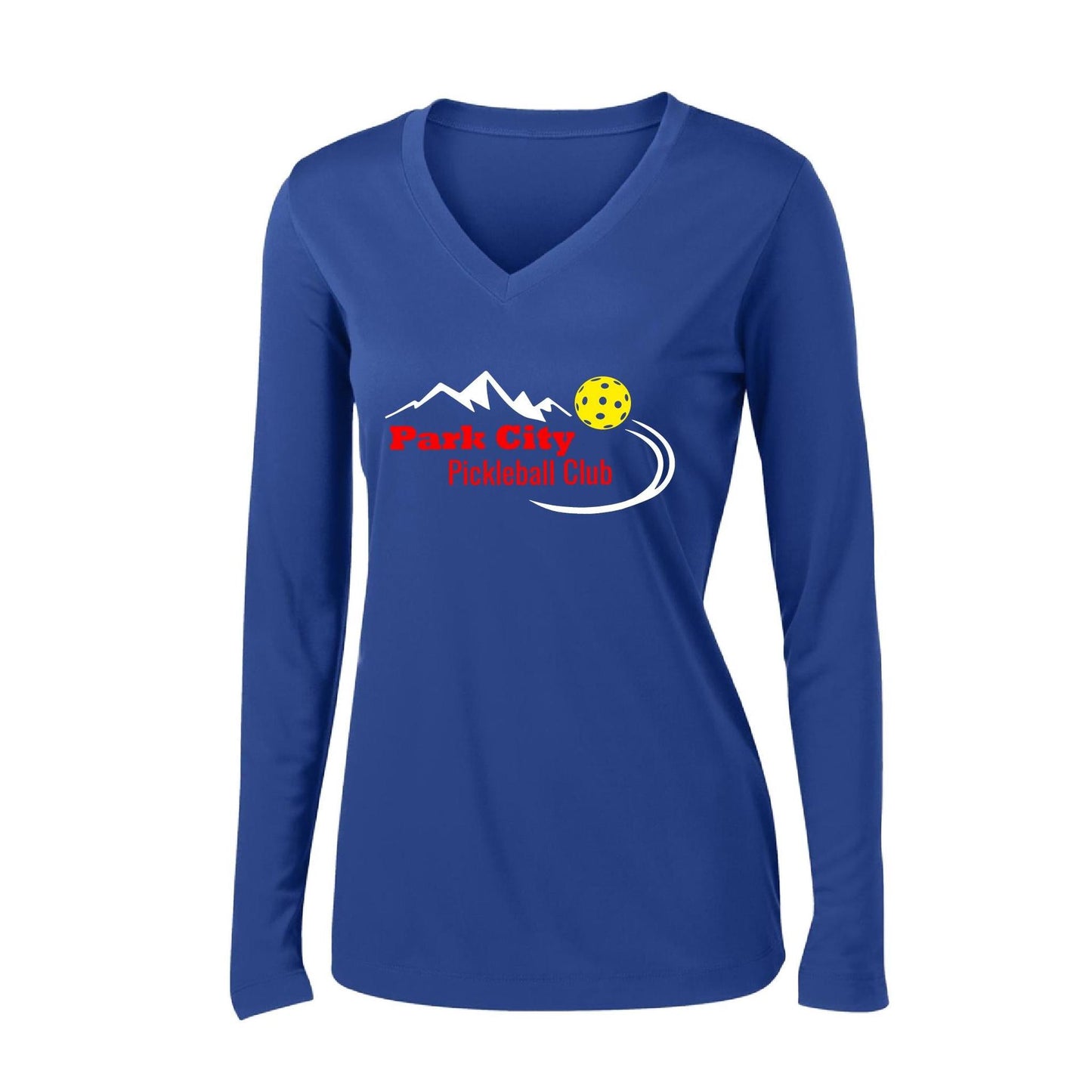Park City Pickleball Club (Red) | Women's Long Sleeve V-Neck Pickleball Performance T-Shirts | 100% Polyester