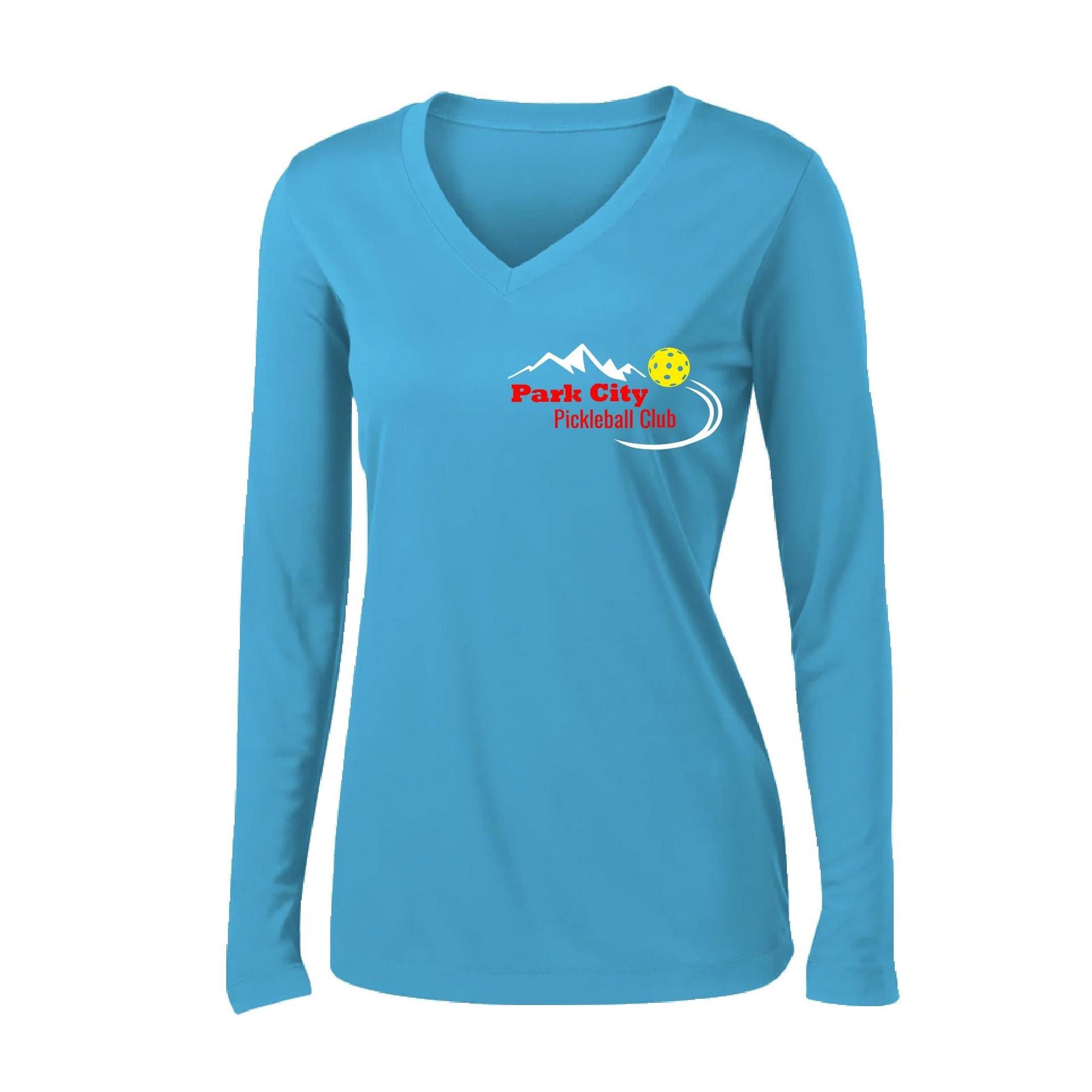 Park City Pickleball Club (Red) | Women's Long Sleeve V-Neck Pickleball Performance T-Shirts | 100% Polyester