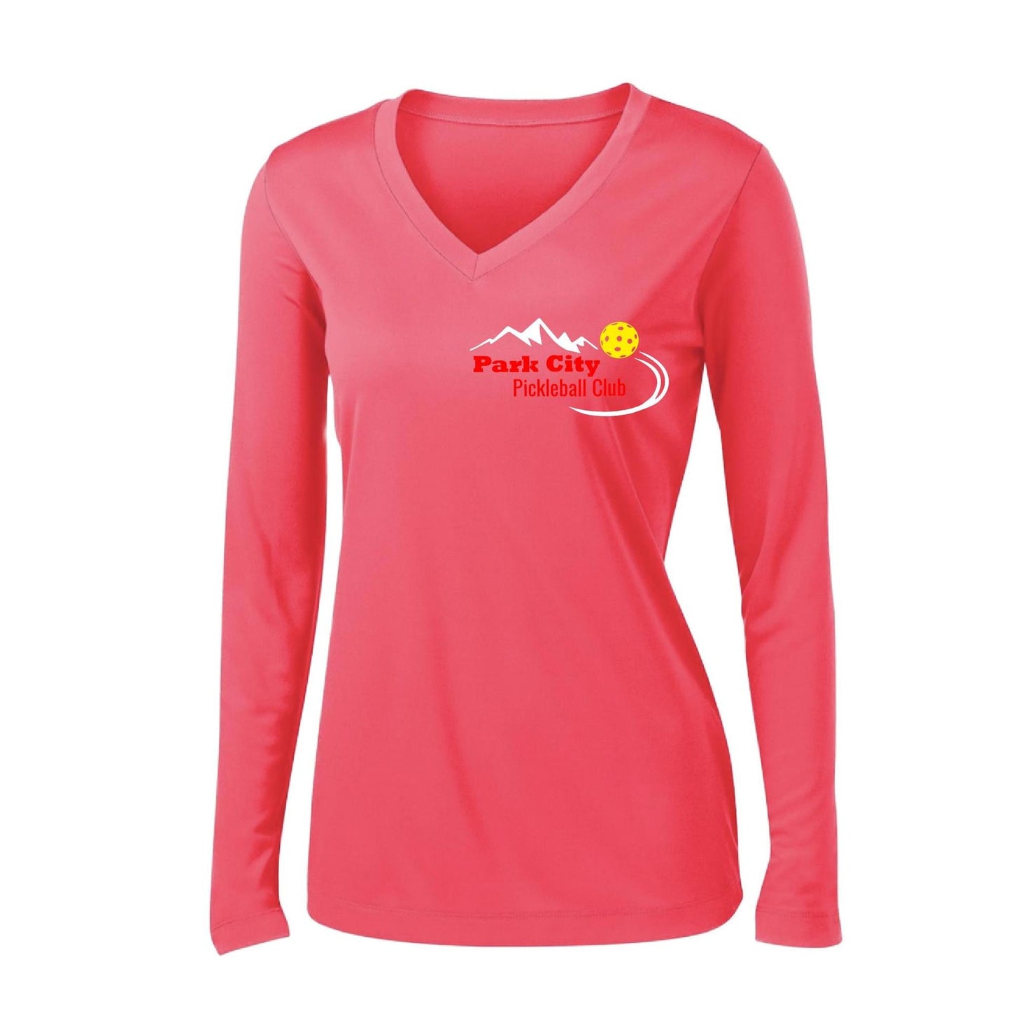 Park City Pickleball Club (Red) | Women's Long Sleeve V-Neck Pickleball Performance T-Shirts | 100% Polyester